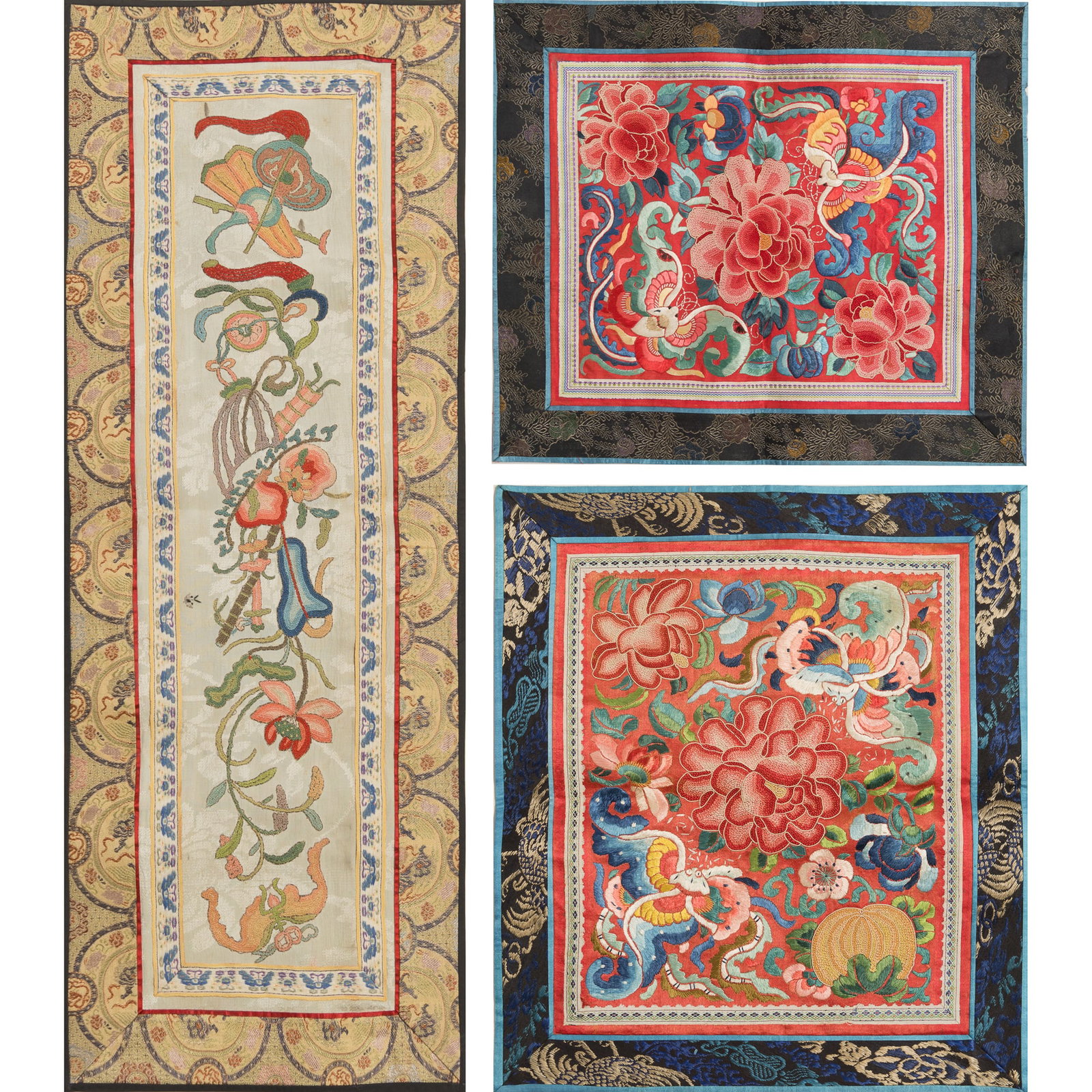 Three Chinese embroidery panels, 19th century: Three Chinese embroidery panels 19th century H: 25 1/4, W: 9 1/2 in. (H: 64.1, W: 24.1 cm. (largest)) Private collection, Berkeley, California. C