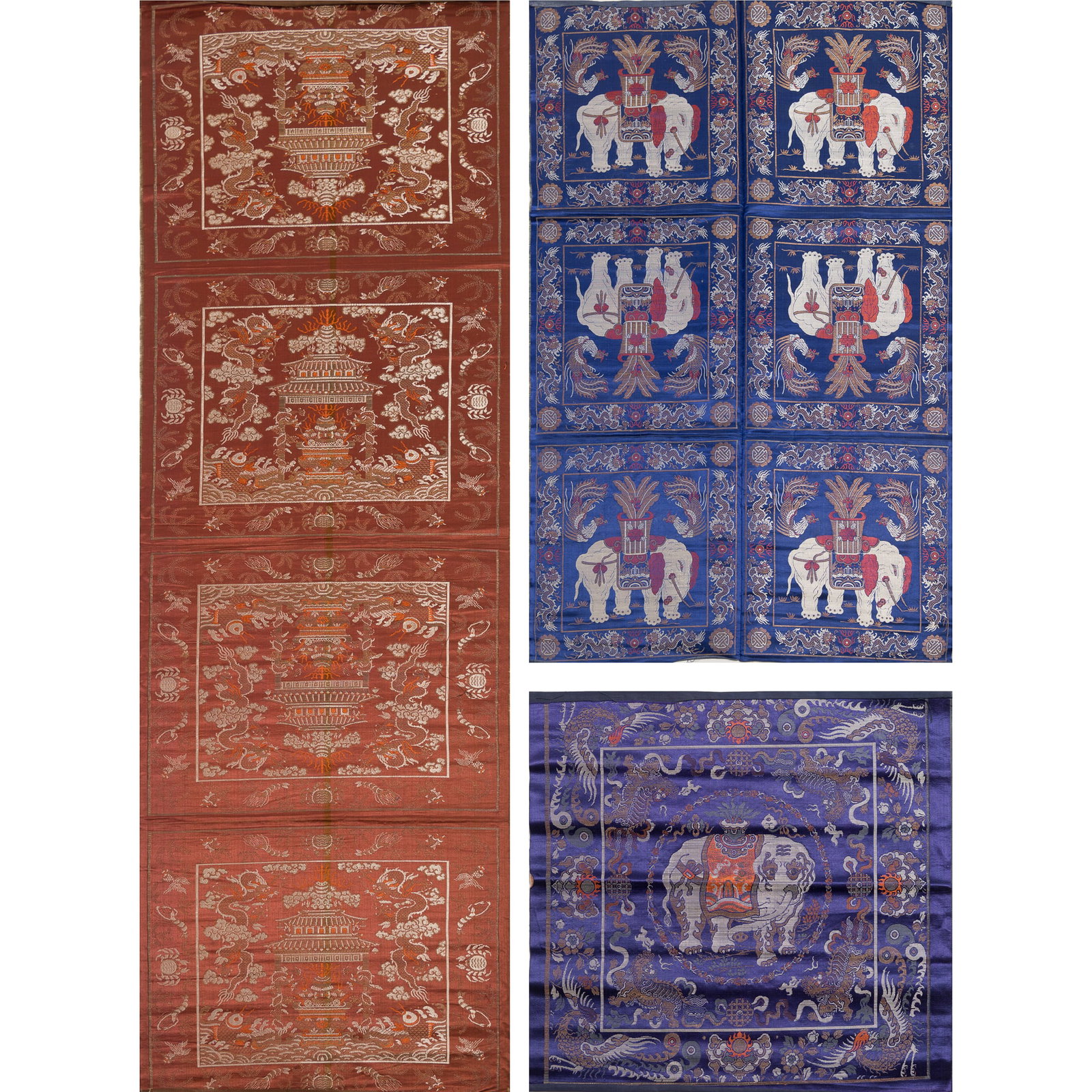 Three assorted Chinese silk brocade panels, 19th century: Three assorted Chinese silk brocade panels 19th century H: 57 3/4, W: 39 1/4 in. (H: 146.7, W: 99.7 cm. (largest)) Private collection, Washington D.C.