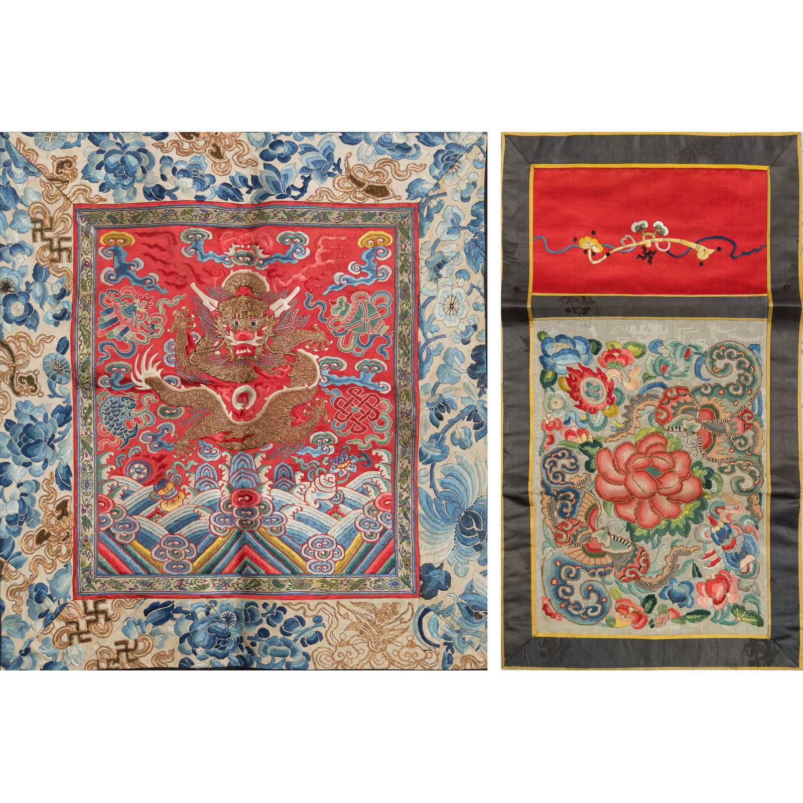 Two Chinese embroidered panels, 19th century: Two Chinese embroidered panels 19th century H: 20 5/8, W: 11 3/4 in. (H: 52.4, W: 29.8 cm. (longest)) Private collection, Washington D.C. Click h