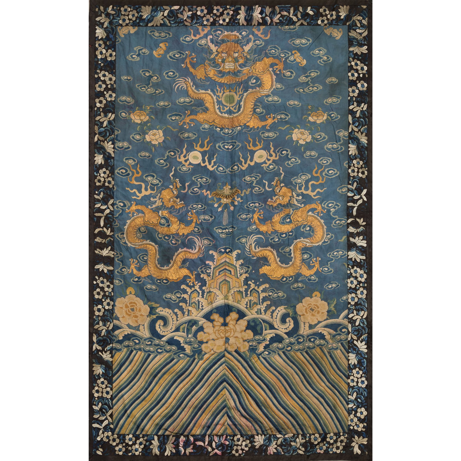A Chinese blue-ground gold-thread 'dragon' embroidery, 19th century: A Chinese blue-ground gold-thread 'dragon' embroidery 19th century H: 51 3/4, W: 33 1/4 in. (H: 131.4, W: 84.5 cm.) Private collection, Minnesota.