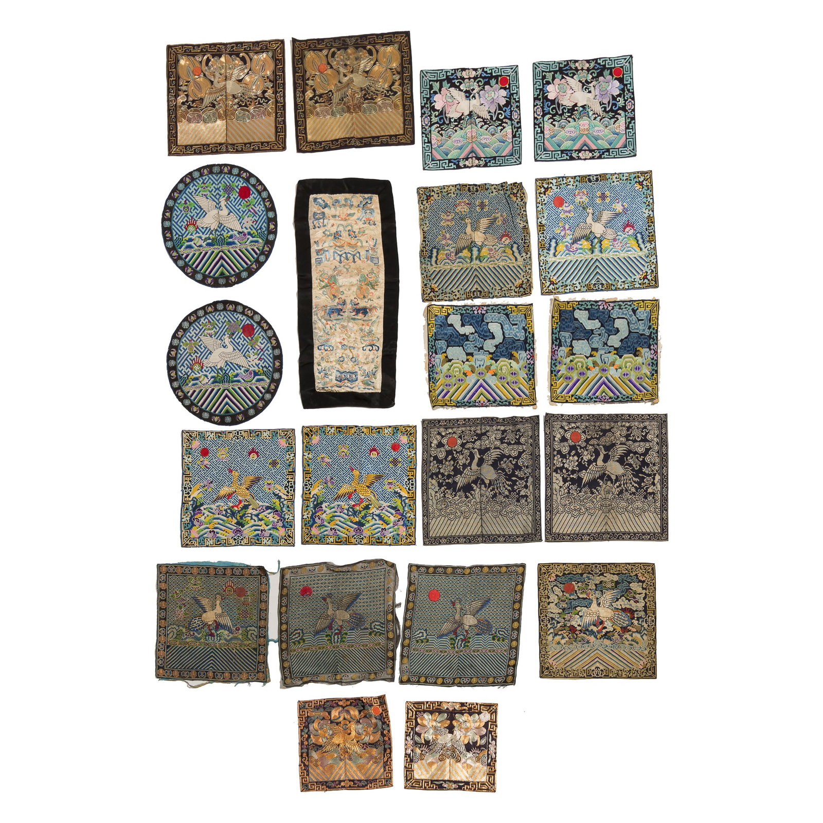 Twenty Chinese rank badges and one embroidery, 19th century: Twenty Chinese rank badges and one embroidery 19th century H: 21 3/4, W: 9 3/4 in. (H: 55.2, W: 24.8 cm. (largest)) Private collection, Saratoga, California.