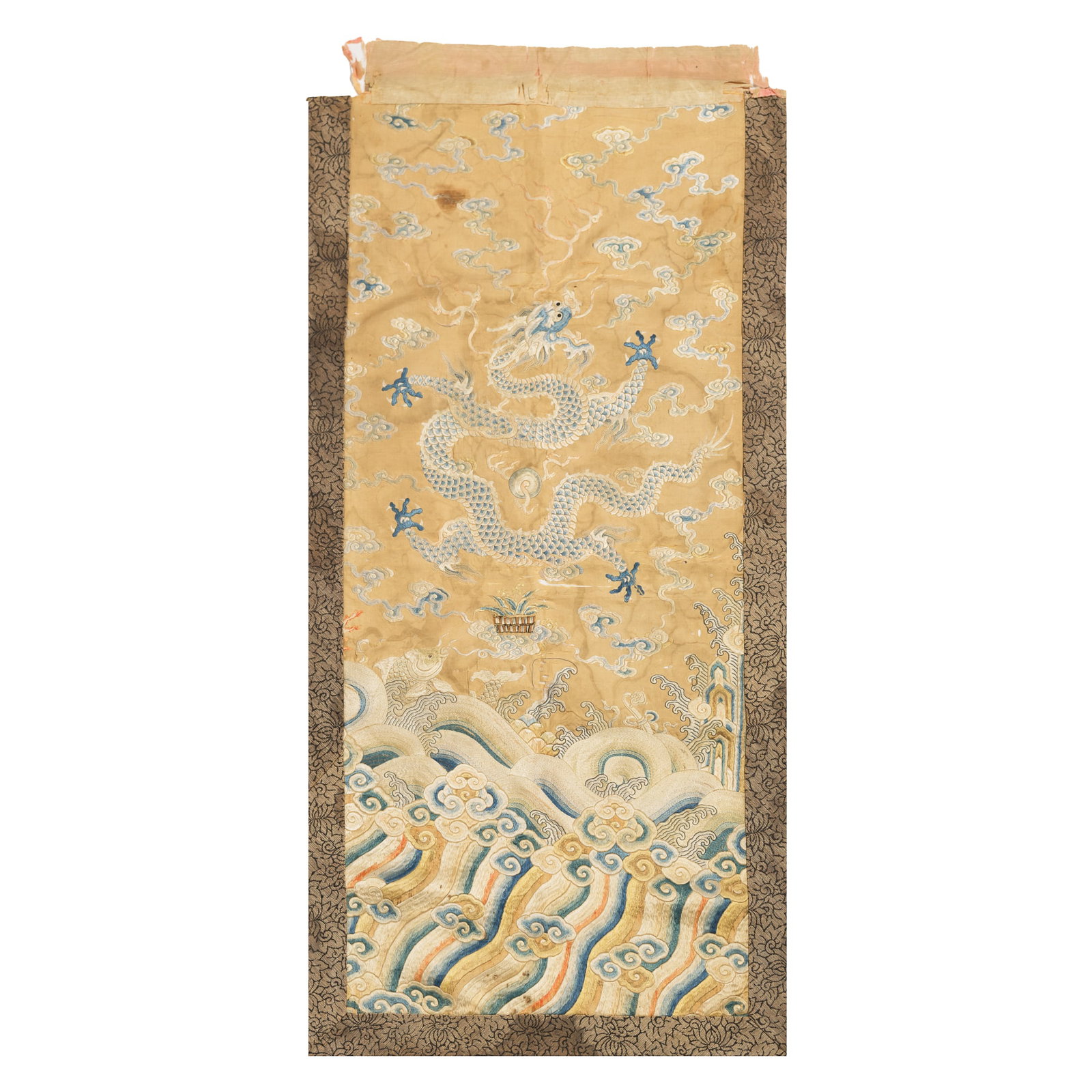 A Chinese beige-ground satin 'dragon' and 'wave' embroidery, early 19th century (1 of 4)