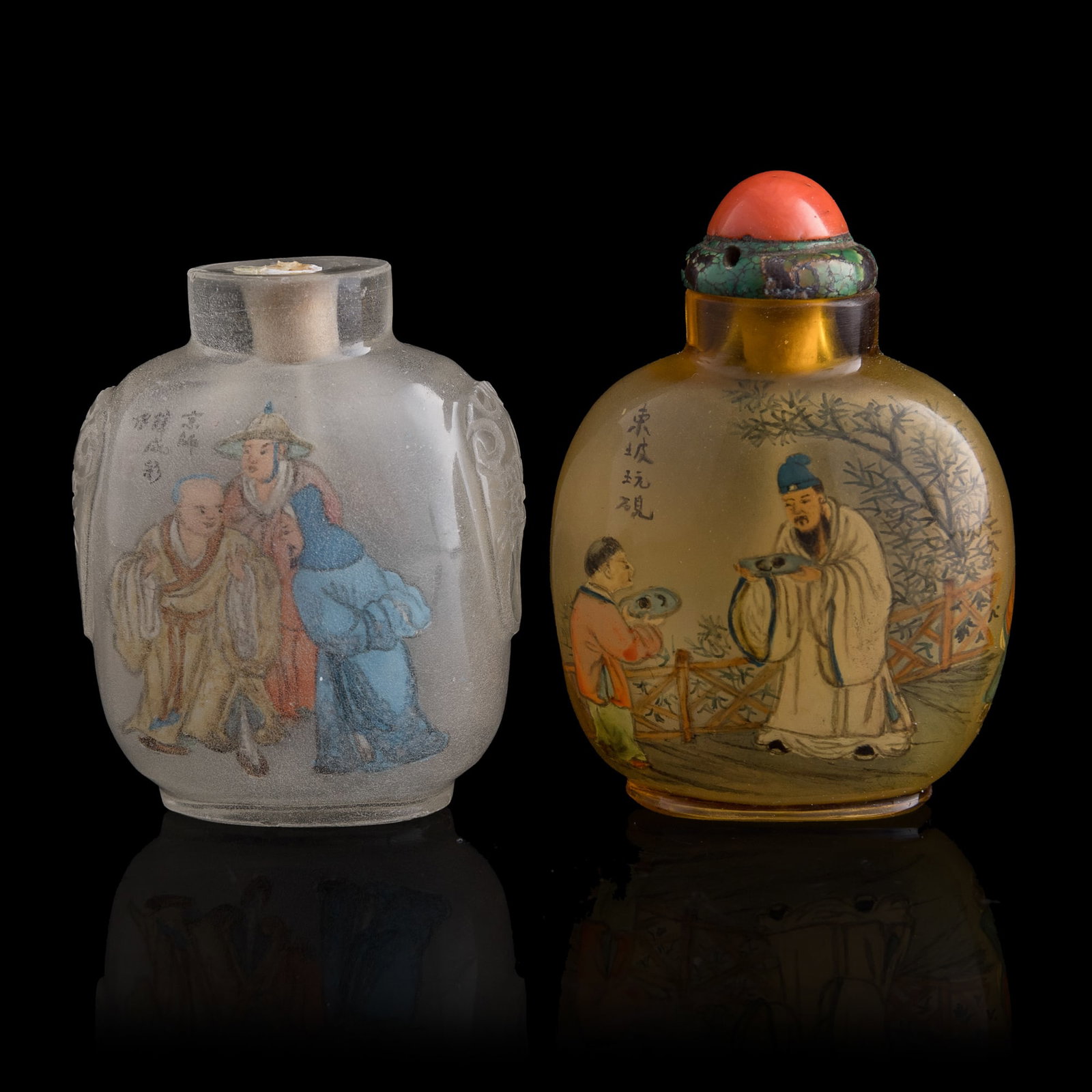 Two Chinese inside-painted snuff bottles, by Xue Chengcai, Republic period: Two Chinese inside-painted snuff bottles by Xue Chengcai, Republic period Each with signature and two seals. (2). H: 3, W: 2 1/8, D: 1 1/4 in. (H: 7.6, W: 5.4, D: 3.2 cm. (tallest)) From Mr. Tinero, C