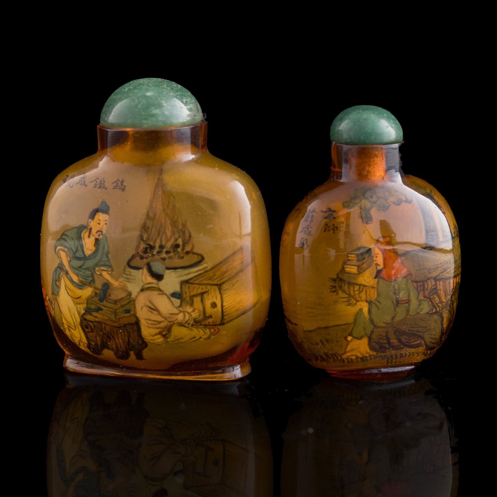 Two Chinese inside-painted ‘figural’ snuff bottles, by Xue Chengcai, Republic period: Two Chinese inside-painted ‘figural’ snuff bottles by Xue Chengcai, Republic period Each with signature and two seals to body. (2). H: 2 1/4, W: 2 1/8, D: 7/8 in. (H: 5.7, W: 5.4, D: 2.2 cm. (larg