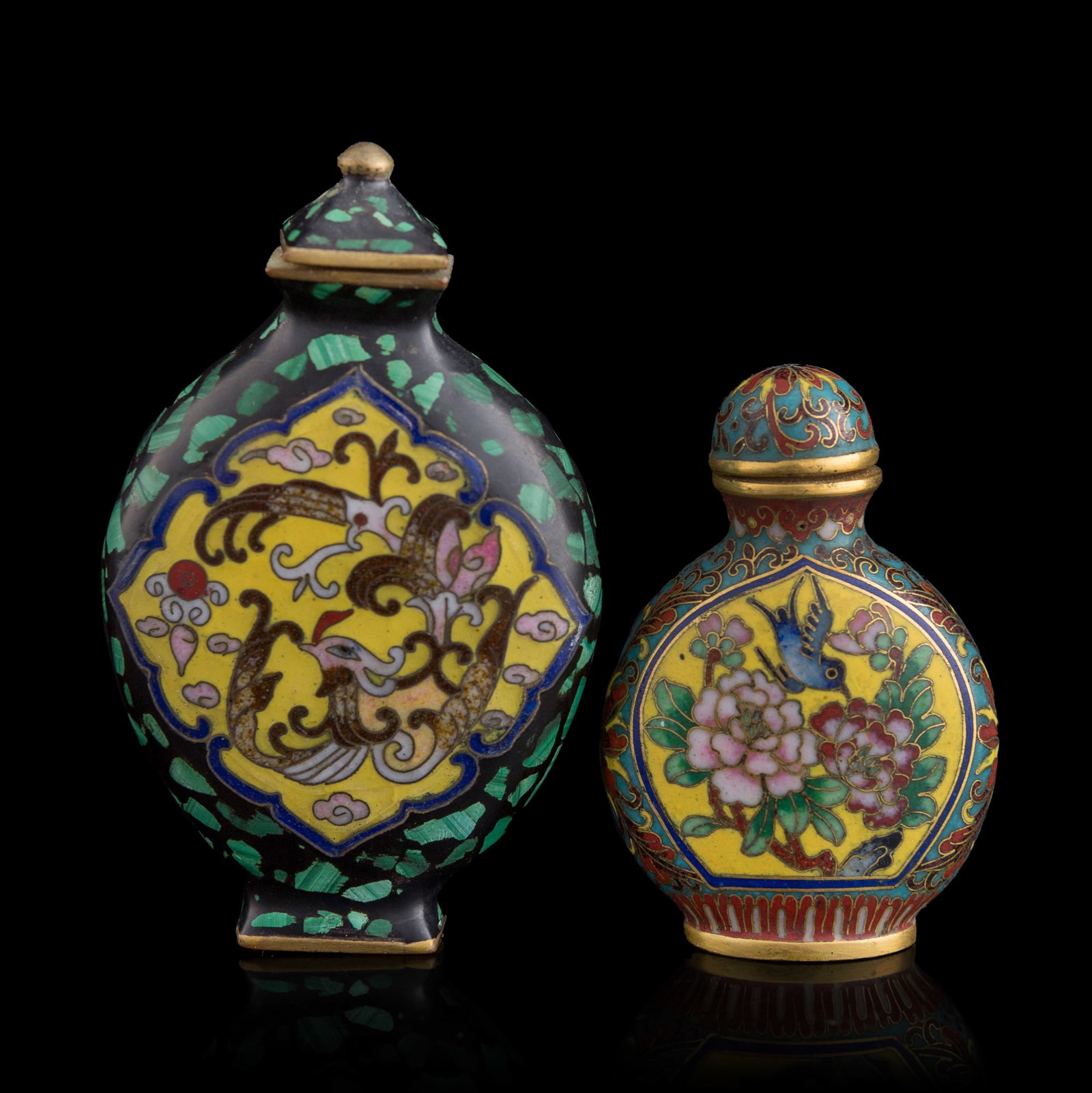 Two Chinese cloisonne snuff bottles, Republic period: Two Chinese cloisonne snuff bottles Republic period One with four-character mark to underside, the other with two-character mark to underside. (2). H: 2 7/8, W: 1 3/4, D: 3/4 in. (H: 7.3, W: 4.4, D: 1