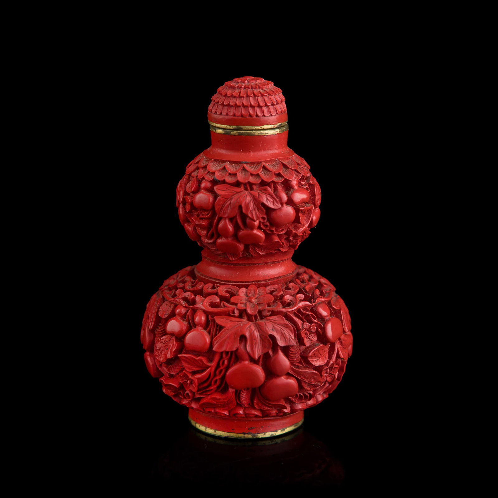 A Chinese cinnabar on copper double-gourd-form snuff bottle, Republic period (1 of 8)