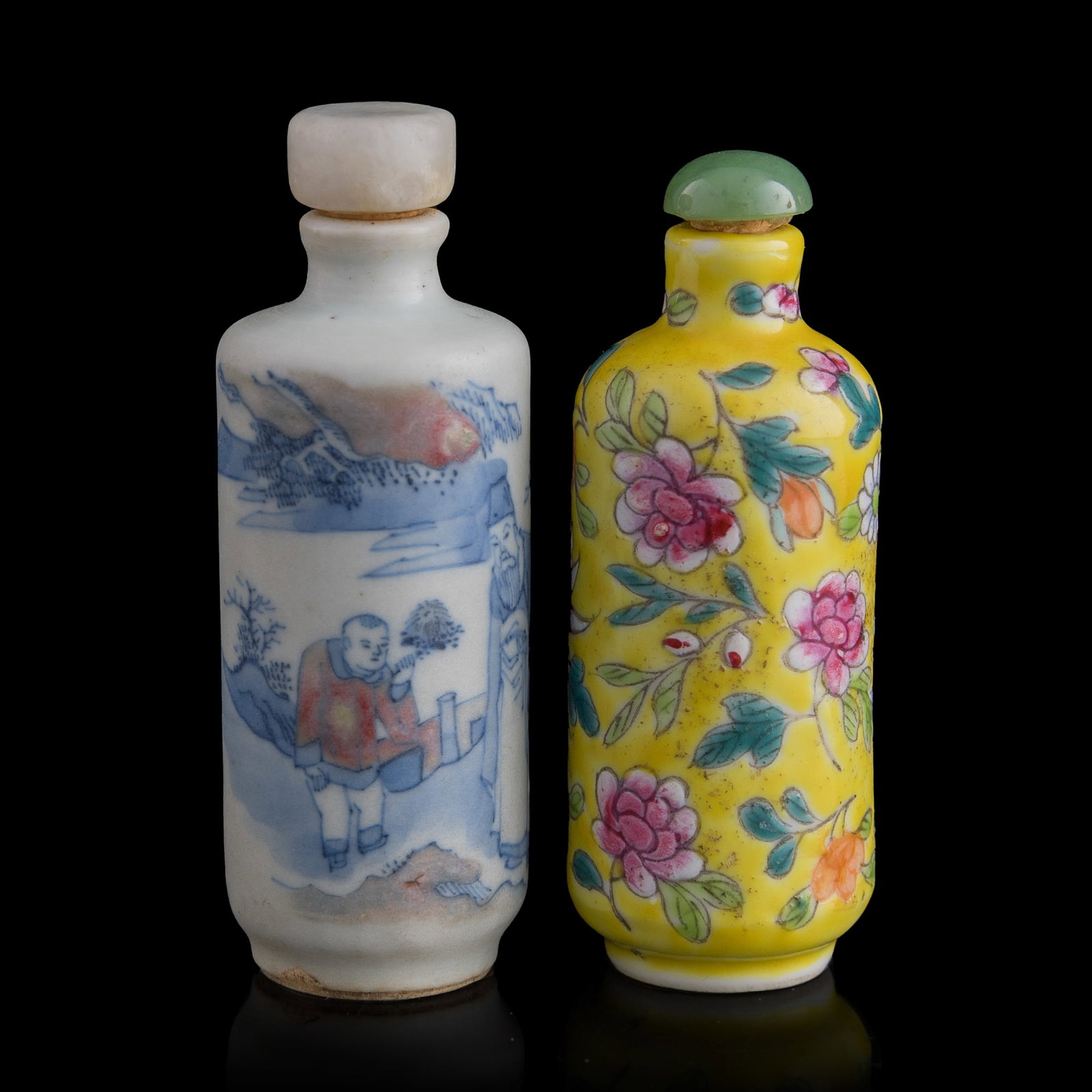 Two Chinese snuff bottles, Qing dynasty/Republic period: Two Chinese snuff bottles Qing dynasty/Republic period Comprising a blue and copper-red-underglazed snuff bottle, and a famille rose snuff bottle with four-character mark to underside. (2). H: 3 3/8, 