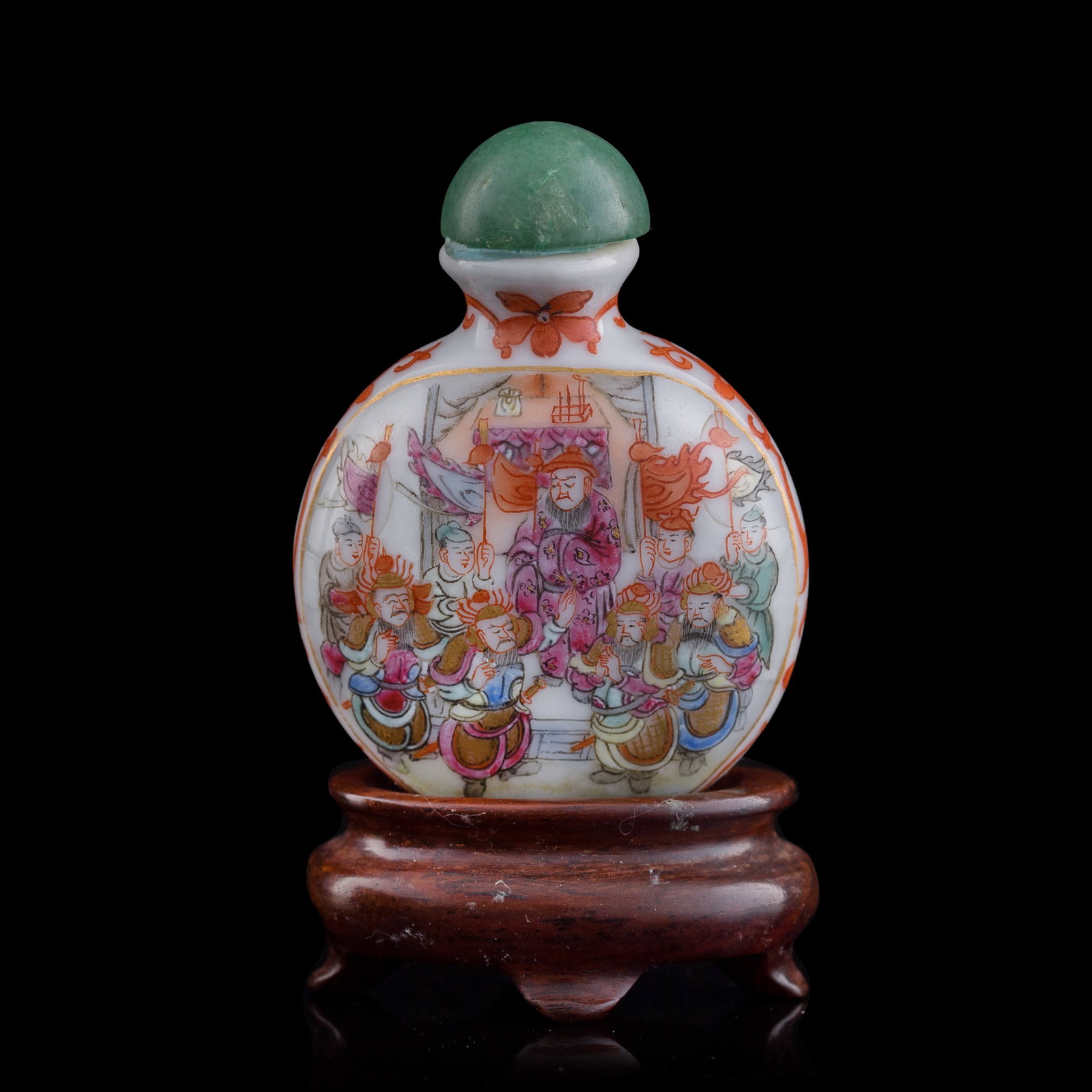 A Chinese famille rose 'warrior' snuff bottle, 19th century: A Chinese famille rose 'warrior' snuff bottle 19th century With four-character mark to underside. Sold with associated wooden stand. H: 2 3/8, W: 1 7/8, D: 7/8 in. (H: 6, W: 4.8, D: 2.2 cm. (snuff bot