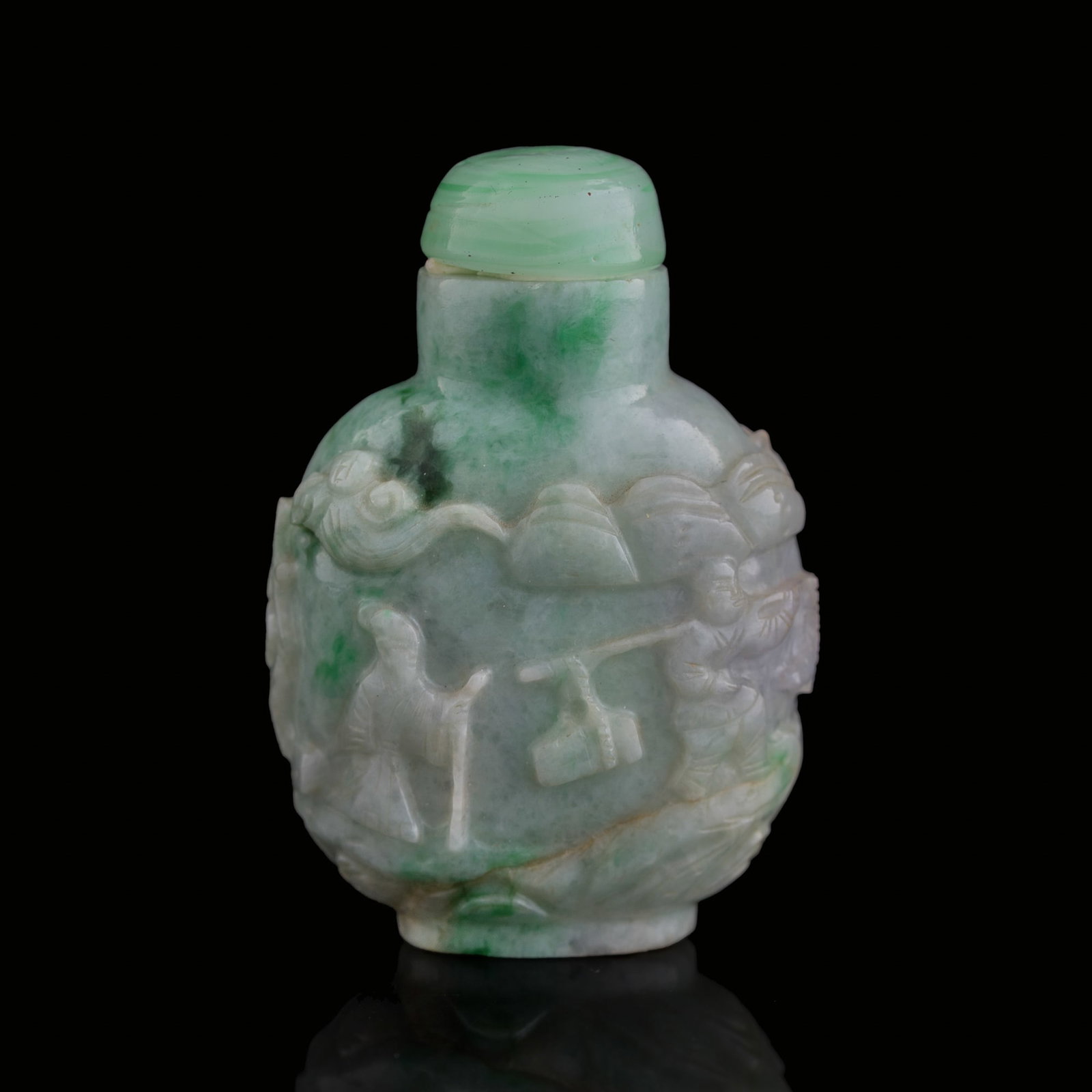 A Chinese jadeite 'scholar beneath pine tree' snuff bottle, 19th century: A Chinese jadeite 'scholar beneath pine tree' snuff bottle 19th century H: 2 3/8, W: 1 5/8, D: 1 in. (H: 6, W: 4.1, D: 2.5 cm.) Private collection, Las Vegas, Nevada.