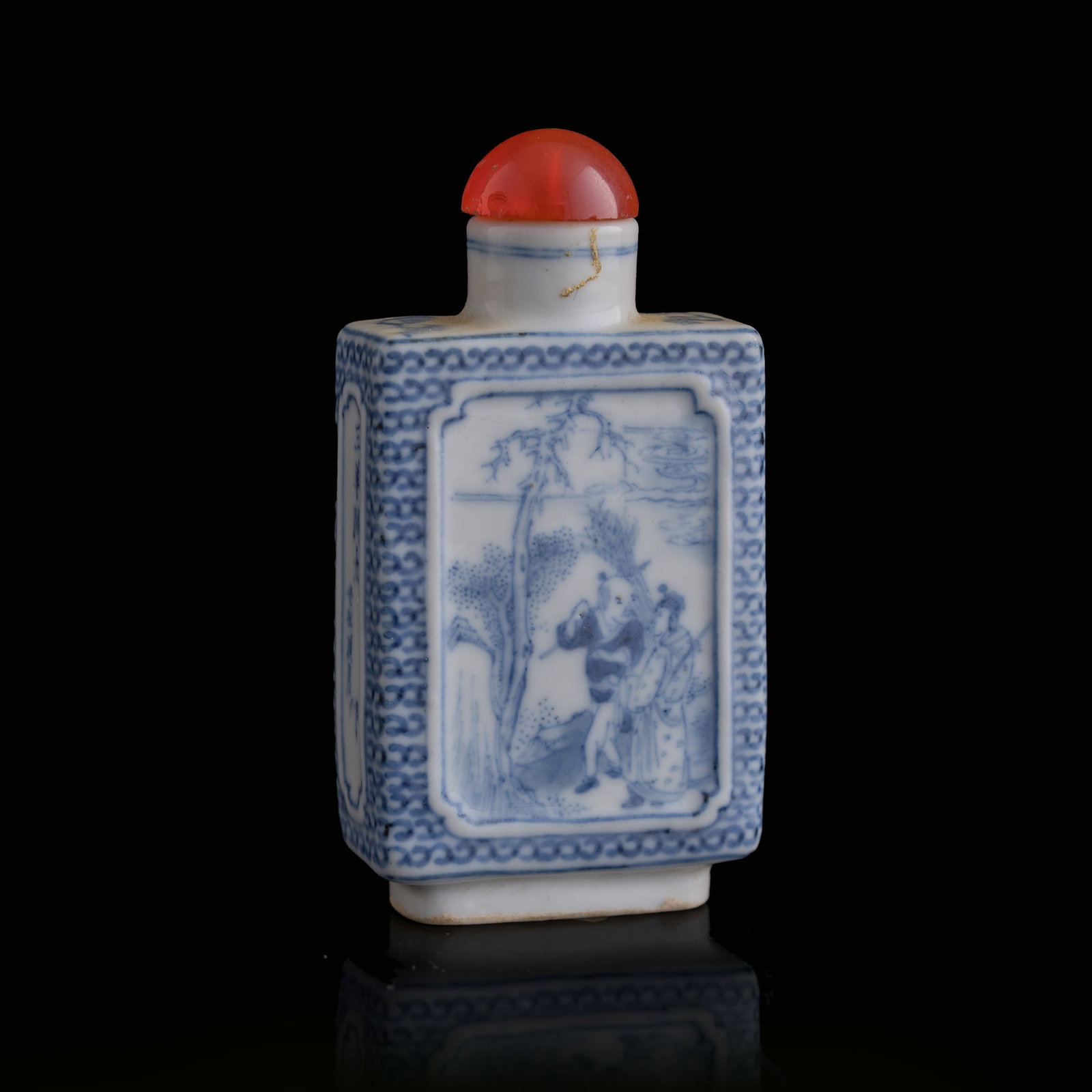 A Chinese blue and white ‘figural’ snuff bottle, 19th century: A Chinese blue and white ‘figural’ snuff bottle 19th century With four-character mark to underside. H: 3, W: 1 5/8, D: 3/4 in. (H: 7.6, W: 4.1, D: 1.9 cm.) From the estate of Mr. Perry, Jacksonvil