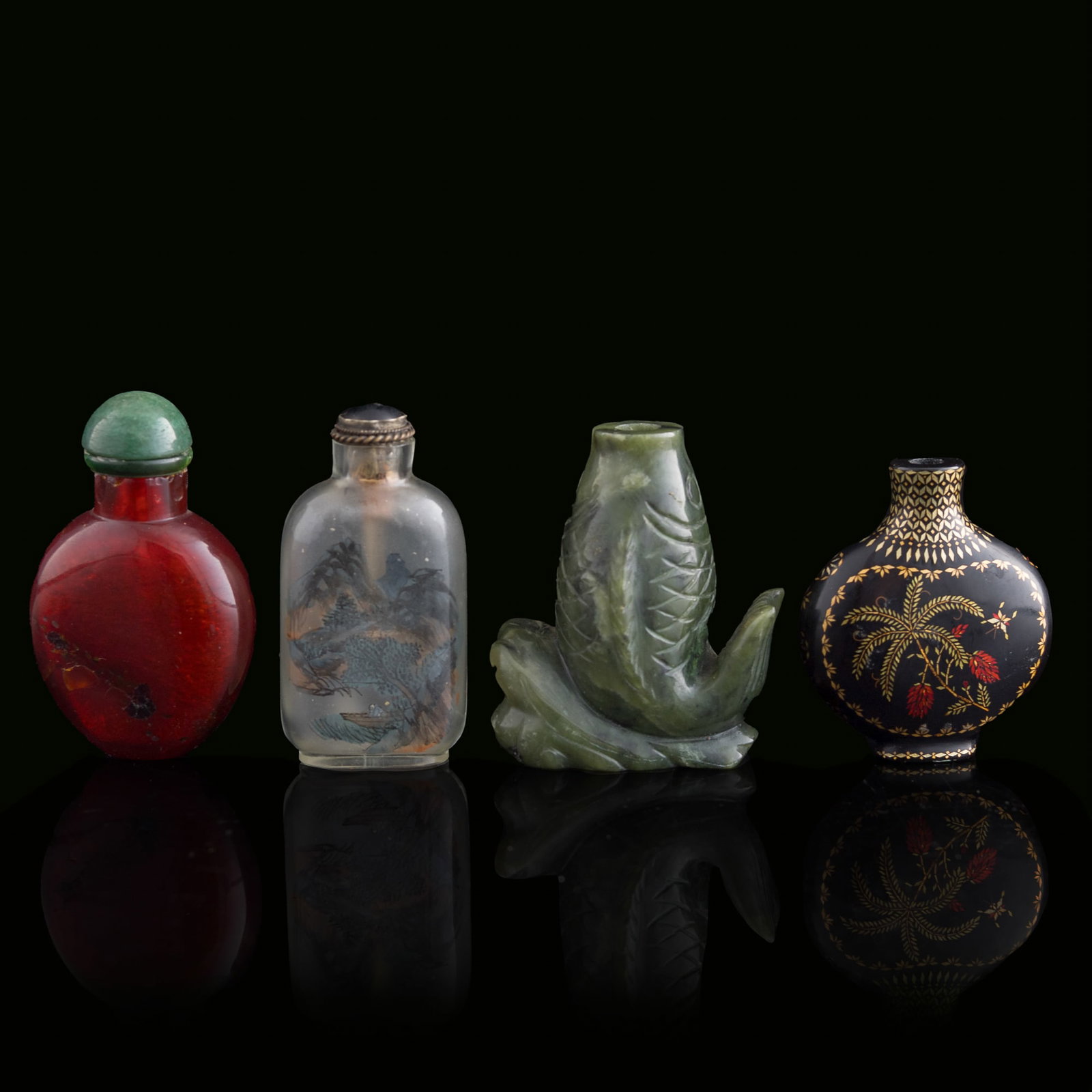 Four assorted Chinese snuff bottles, Qing dynasty/Republic period: Four assorted Chinese snuff bottles Qing dynasty/Republic period H: 2 7/8, W: 2 1/8, D: 1 1/4 in. (H: 7.3, W: 5.4, D: 3.2 cm. (largest)) Weight: 19.38 g (amber) From the estate of Mr. Perry, Jacksonvi