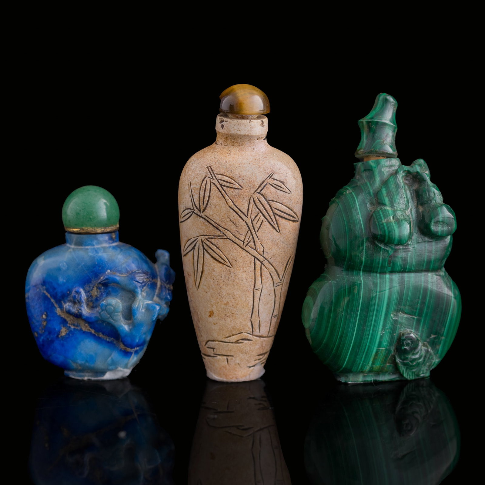 Three assorted Chinese hardstone snuff bottles, Qing dynasty: Three assorted Chinese hardstone snuff bottles Qing dynasty H: 2 1/4, W: 1, D: 1/2 in. (H: 5.7, W: 2.5, D: 1.3 cm. (tallest)) Weight: 88.4 g (overall) From the estate of Mr. Perry, Jacksonville, Flori