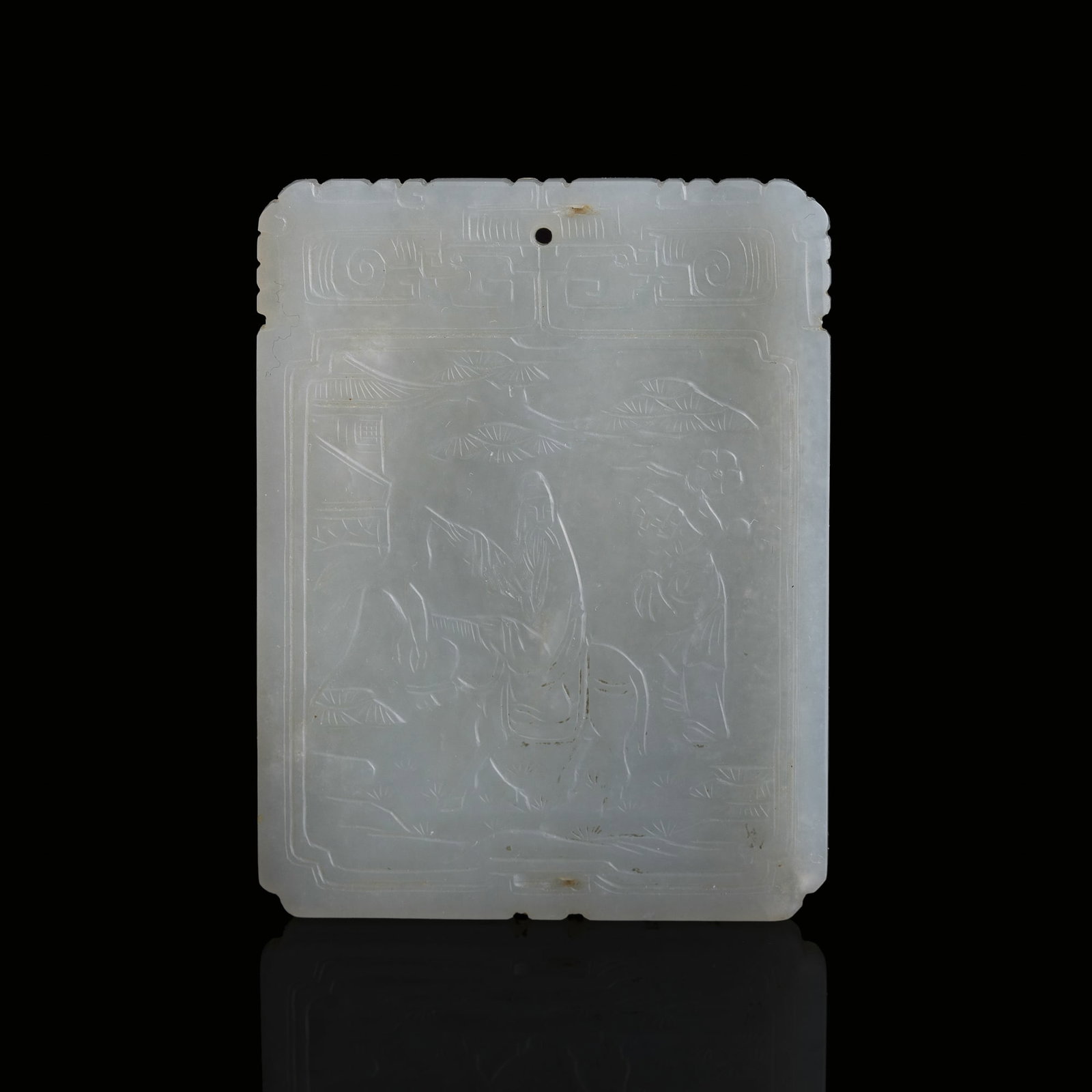 A Chinese carved white jade 'figural' and 'inscription' plaque, 18th century: A Chinese carved white jade 'figural' and 'inscription' plaque 18th century H: 2 5/8, W: 2, D: 1/8 in. (H: 6.7, W: 5.1, D: 0.3 cm.) From Mr. Chen, Great Neck, New York; acquired prior to the 1980s.