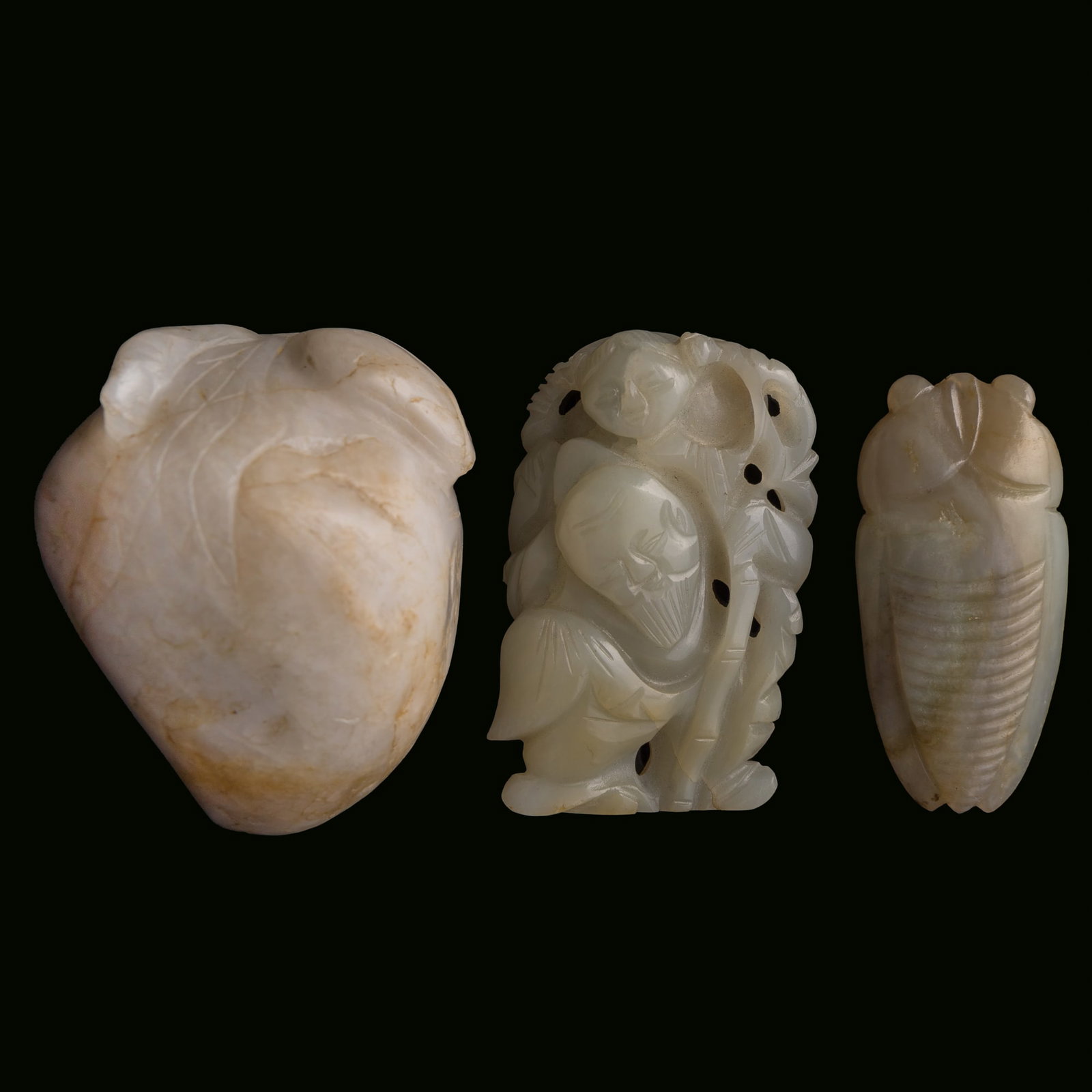 Three assorted Chinese jade carvings, Qing dynasty: Three assorted Chinese jade carvings Qing dynasty H: 2 3/8, W: 2, D: 1 3/4 in. (H: 6, W: 5.1, D: 4.4 cm. (largest)) From Mr. Shapiro in Edison, New Jersey.