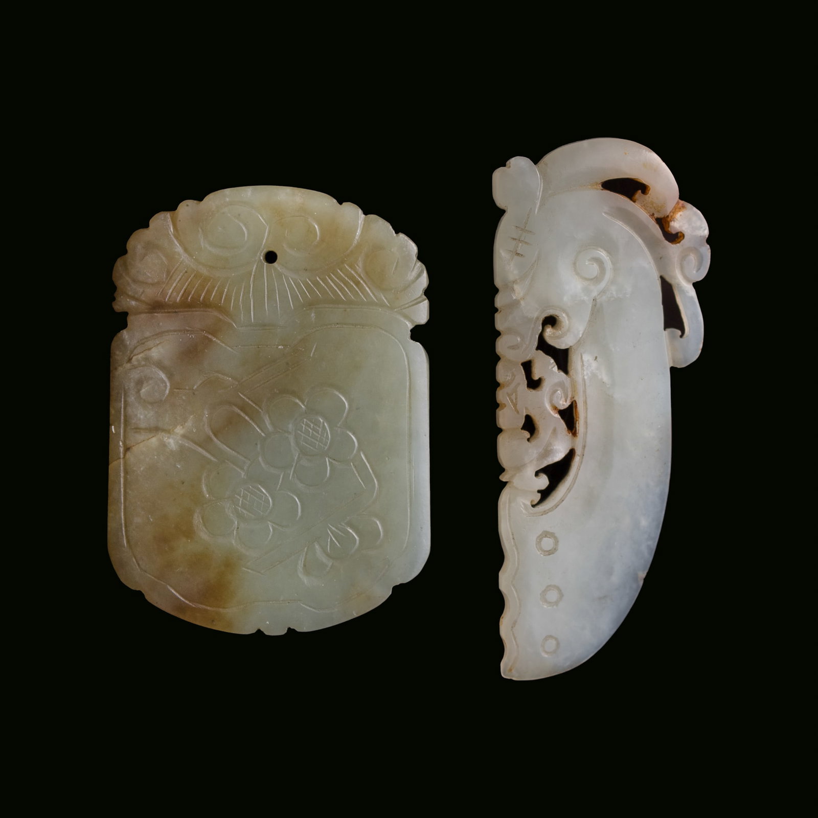 A Chinese white jade 'chilong' pendant and a jade plaque, Qing dynasty (1 of 6)
