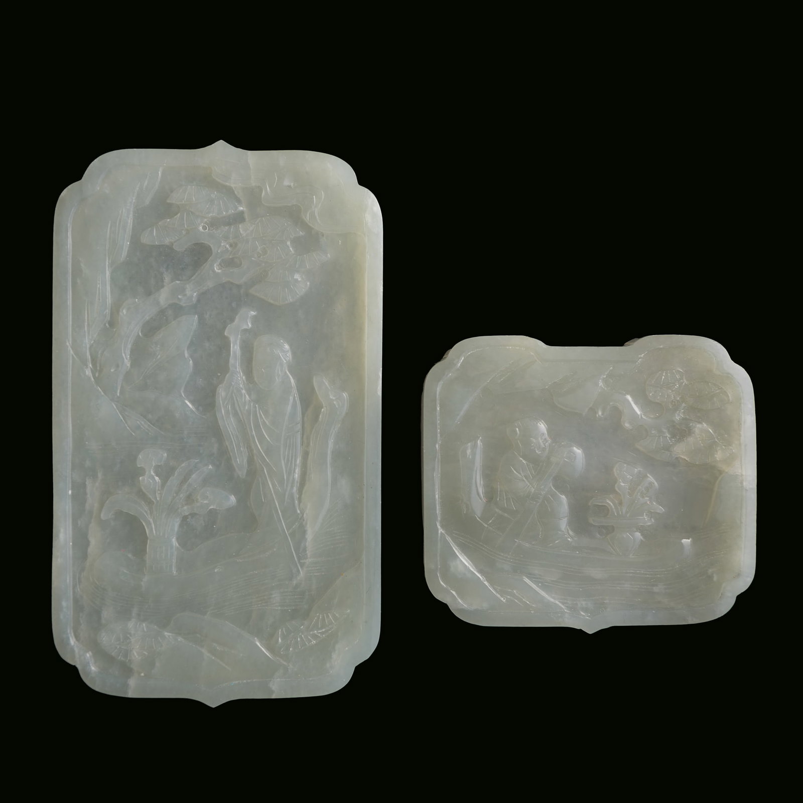 Two Chinese white jade plaques, 19th century: Two Chinese white jade plaques 19th century H: 4 3/8, W: 2 1/2, D: 3/8 in. (H: 11.1, W: 6.4, D: 1 cm. (largest)) Private collection, La Jolla, California.