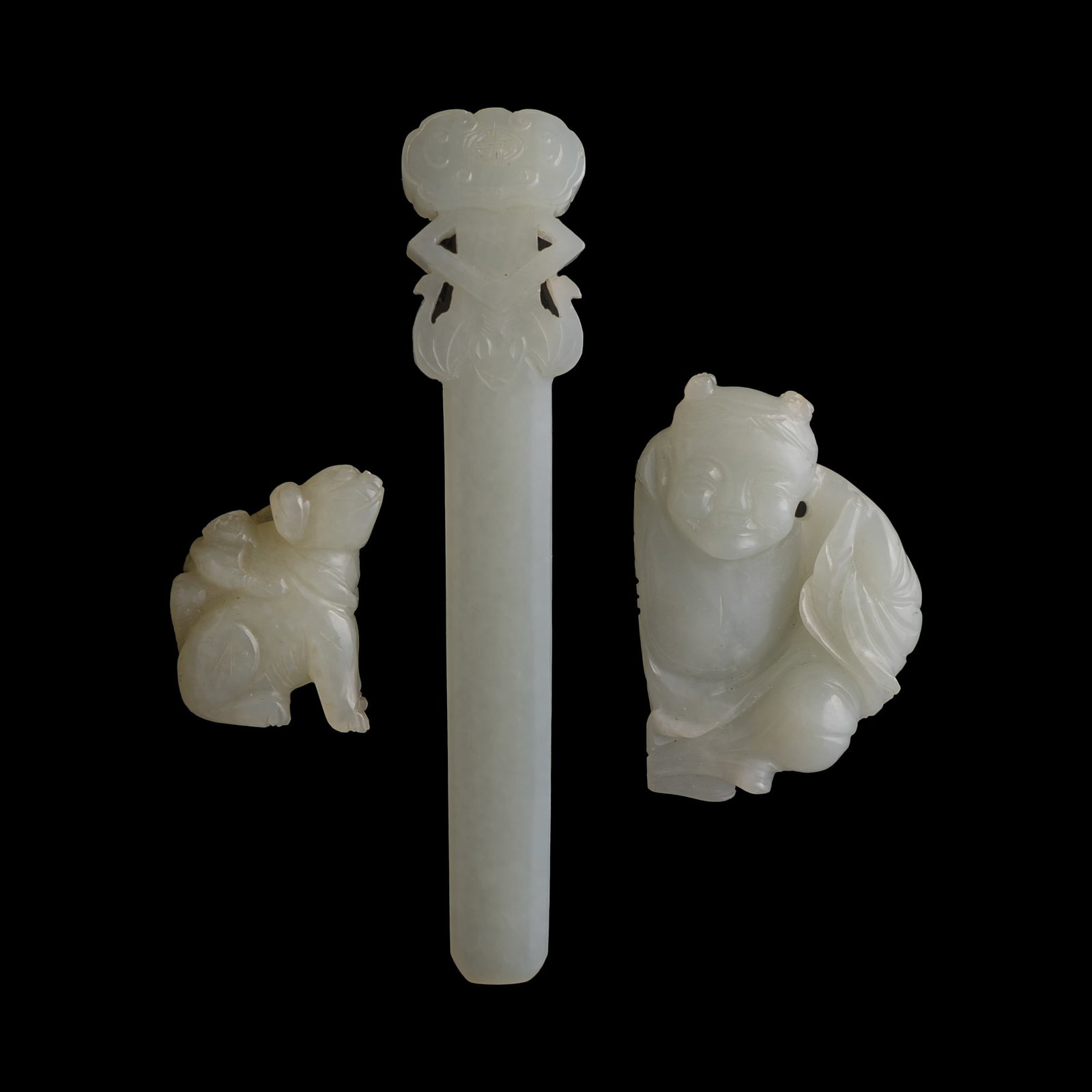 Three Chinese jade carvings, Qing dynasty: Three Chinese jade carvings Qing dynasty H: 4, W: 7/8, D: 1/2 in. (H: 10.2, W: 2.2, D: 1.3 cm. (largest)) From Mrs. Chang, Huntington Beach, California; acquired by her late husband.