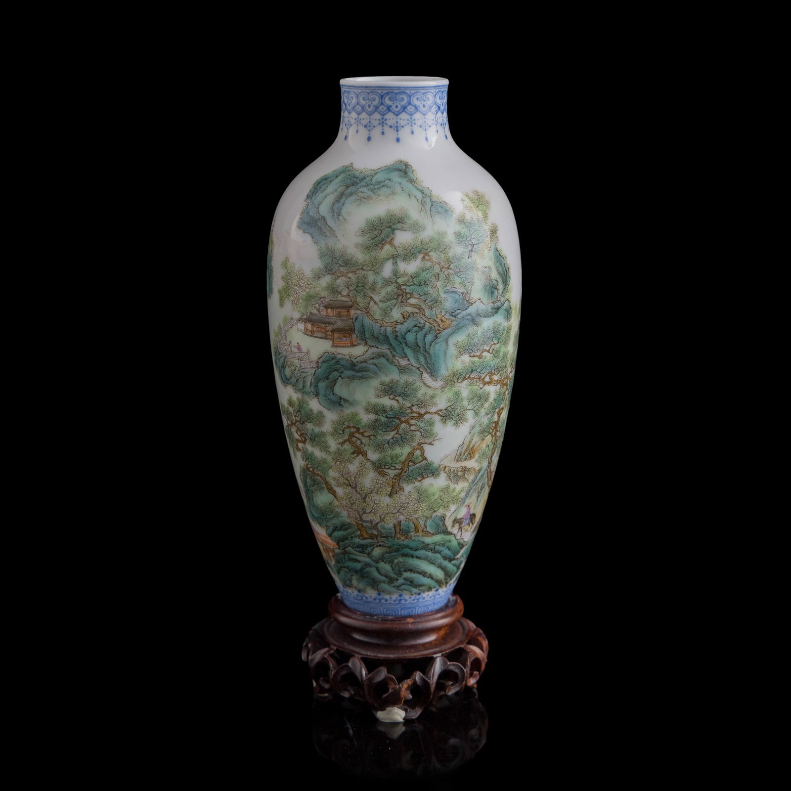 A Chinese famille rose 'landscape' and 'inscription' vase, Republic period: A Chinese famille rose 'landscape' and 'inscription' vase Republic period With four-character mark to underside. Sold with associated hardwood stand. H: 4 3/4, Dia: 2 1/4 in. (H: 12.1, Dia: 5.7 cm. (v