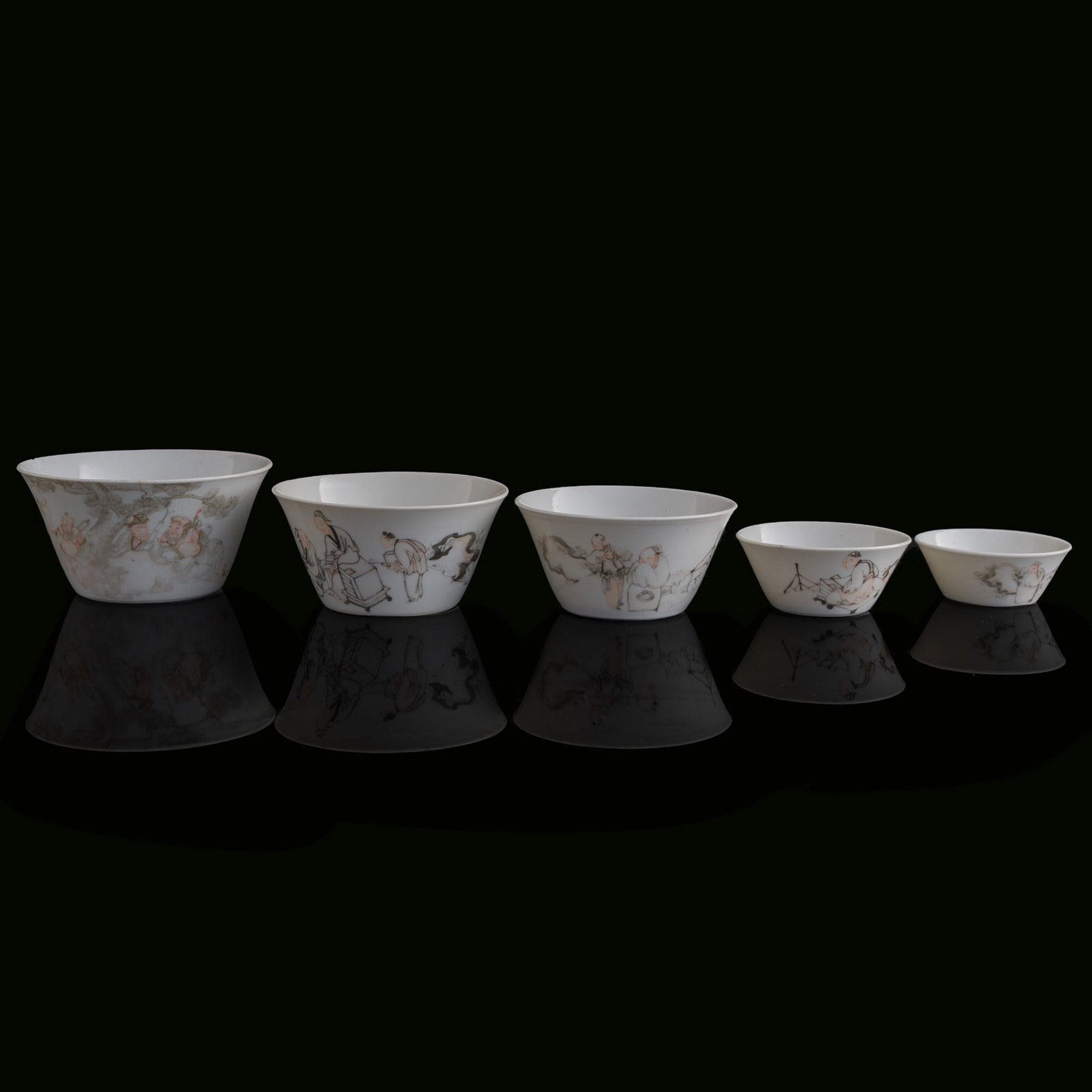 A set of five Chinese ink-decorated nested horseshoe cups, 18th century (1 of 9)