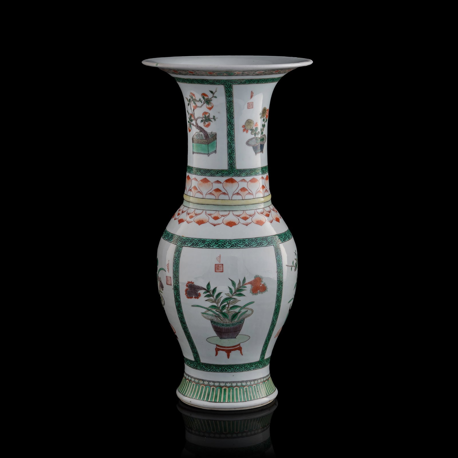 A Chinese wucai 'antiquities' phoenix-tail vase, late 19th century: A Chinese wucai 'antiquities' phoenix-tail vase late 19th century H: 17 1/4, Dia: 7 1/8 in. (H: 43.8, Dia: 18.1 cm.) From Ms. Chow in Flushing, New York.