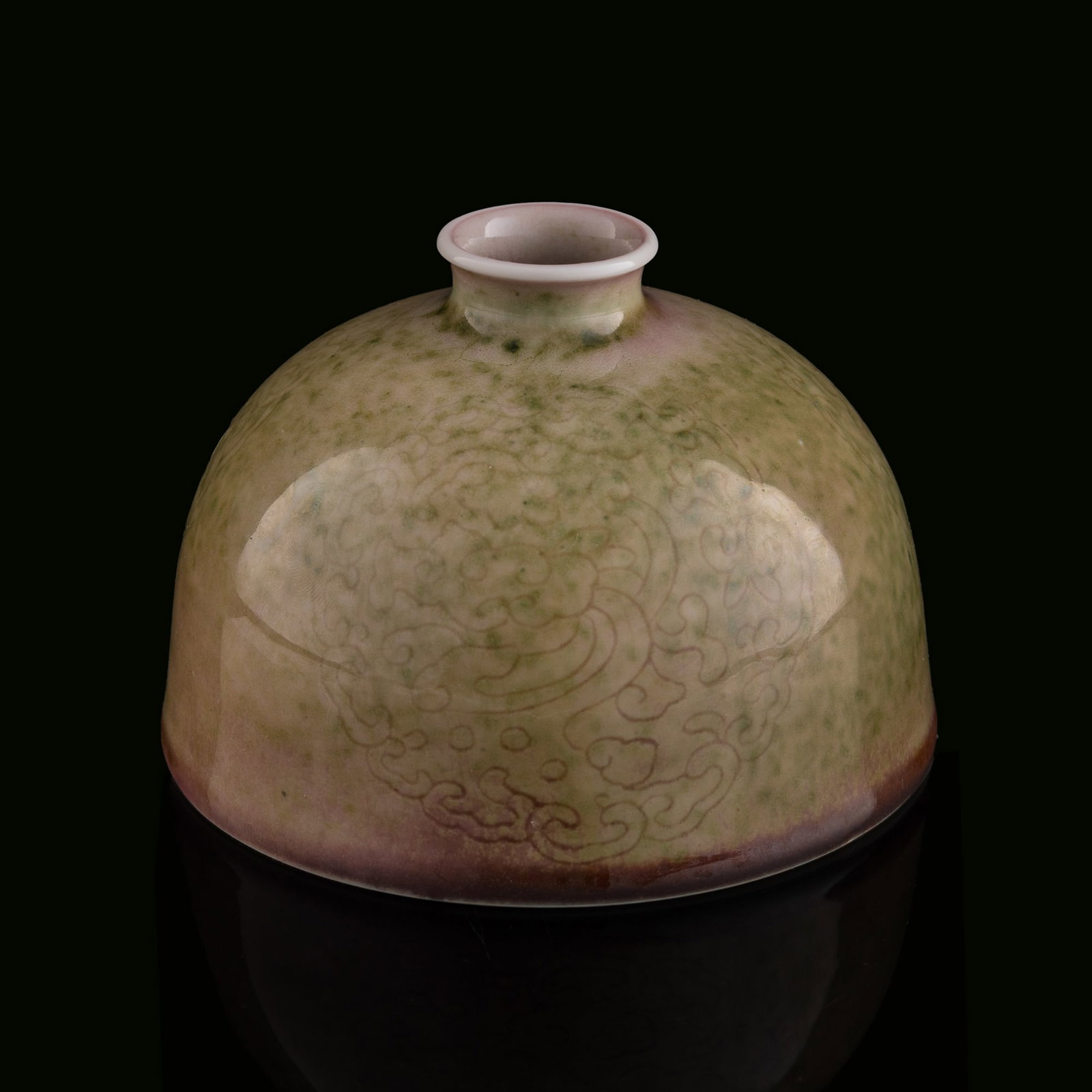 A Chinese peachbloom beehive water coupe, 19th century: A Chinese peachbloom beehive water coupe 19th century With six-character mark and an old label to the underside. H: 3 1/4, Dia: 4 7/8 in. (H: 8.3, Dia: 12.4 cm.) Private collection, Morro Bay, Califor