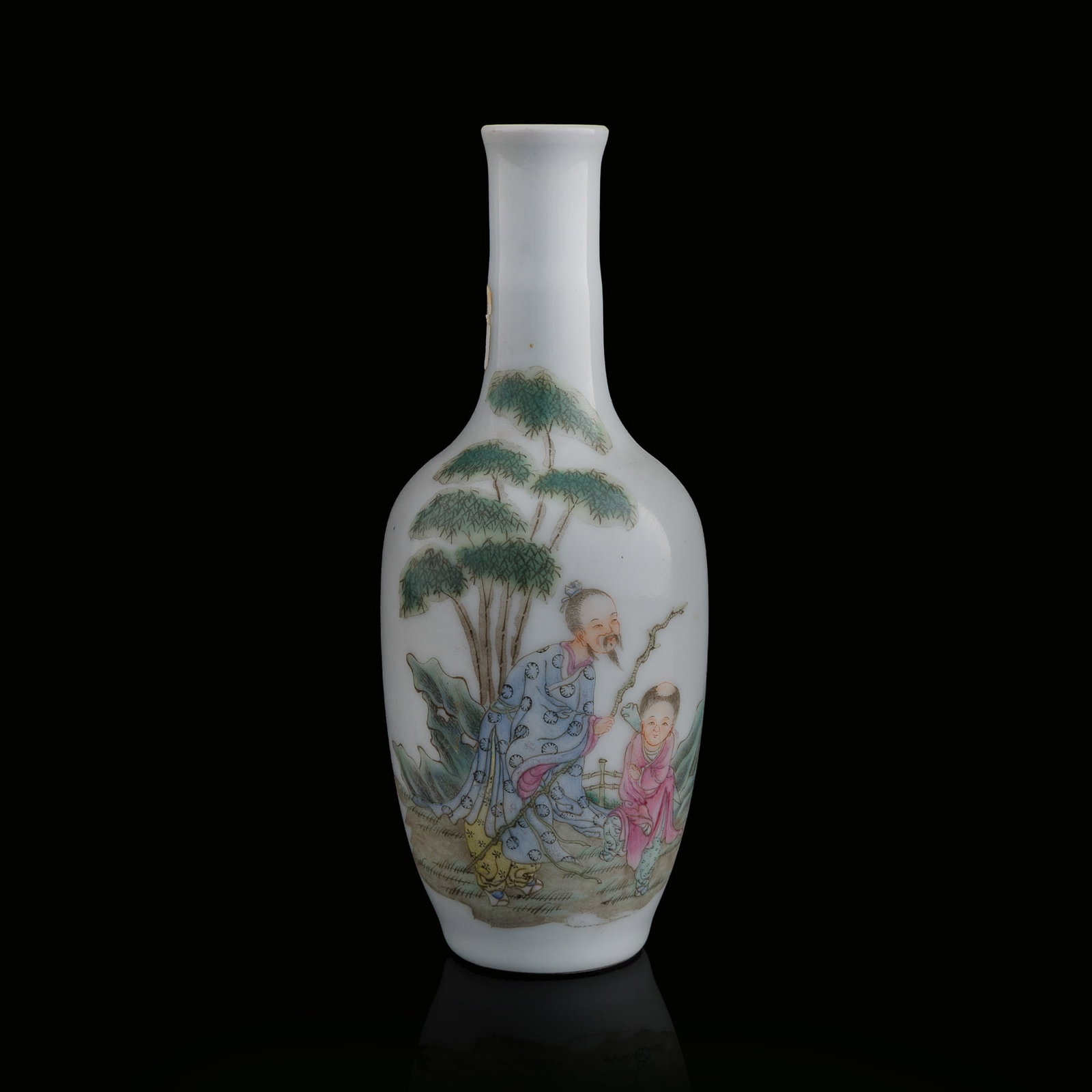 A Chinese famille rose 'figural' vase, Republic period: A Chinese famille rose 'figural' vase Republic period With four-character mark to underside. H: 6 1/4, Dia: 2 1/2 in. (H: 15.9, Dia: 6.4 cm.) From Mr. Chen, Great Neck, New York; acquired prior to the