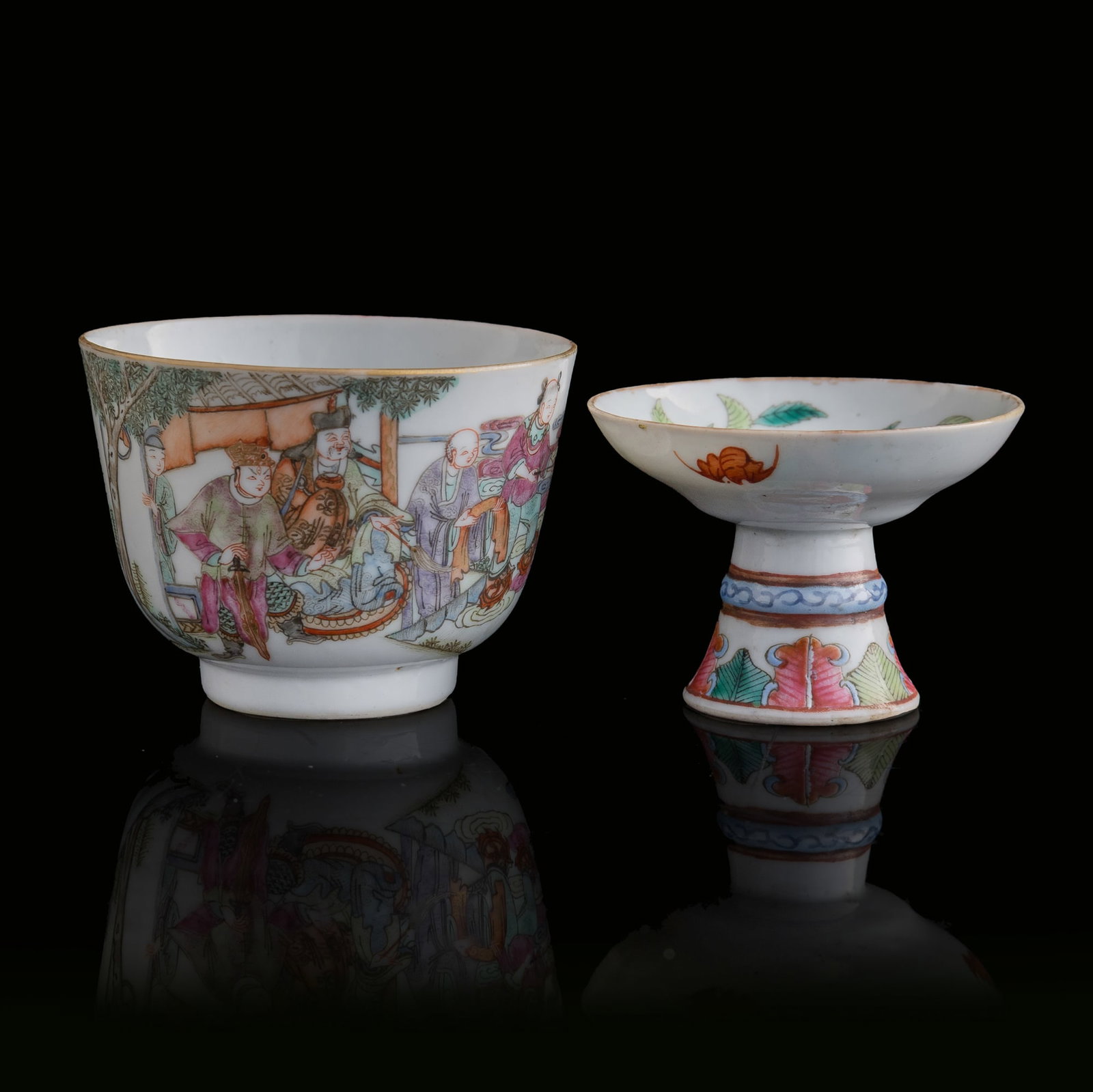 A Chinese famille rose 'figural' cup and a stem dish, 19th century: A Chinese famille rose 'figural' cup and a stem dish 19th century Cup with six-character mark to underside. (2). H: 2 3/8, Dia: 3 1/4 in. (H: 6, Dia: 8.3 cm. (largest)) From Mr. Chen, Great Neck, New 