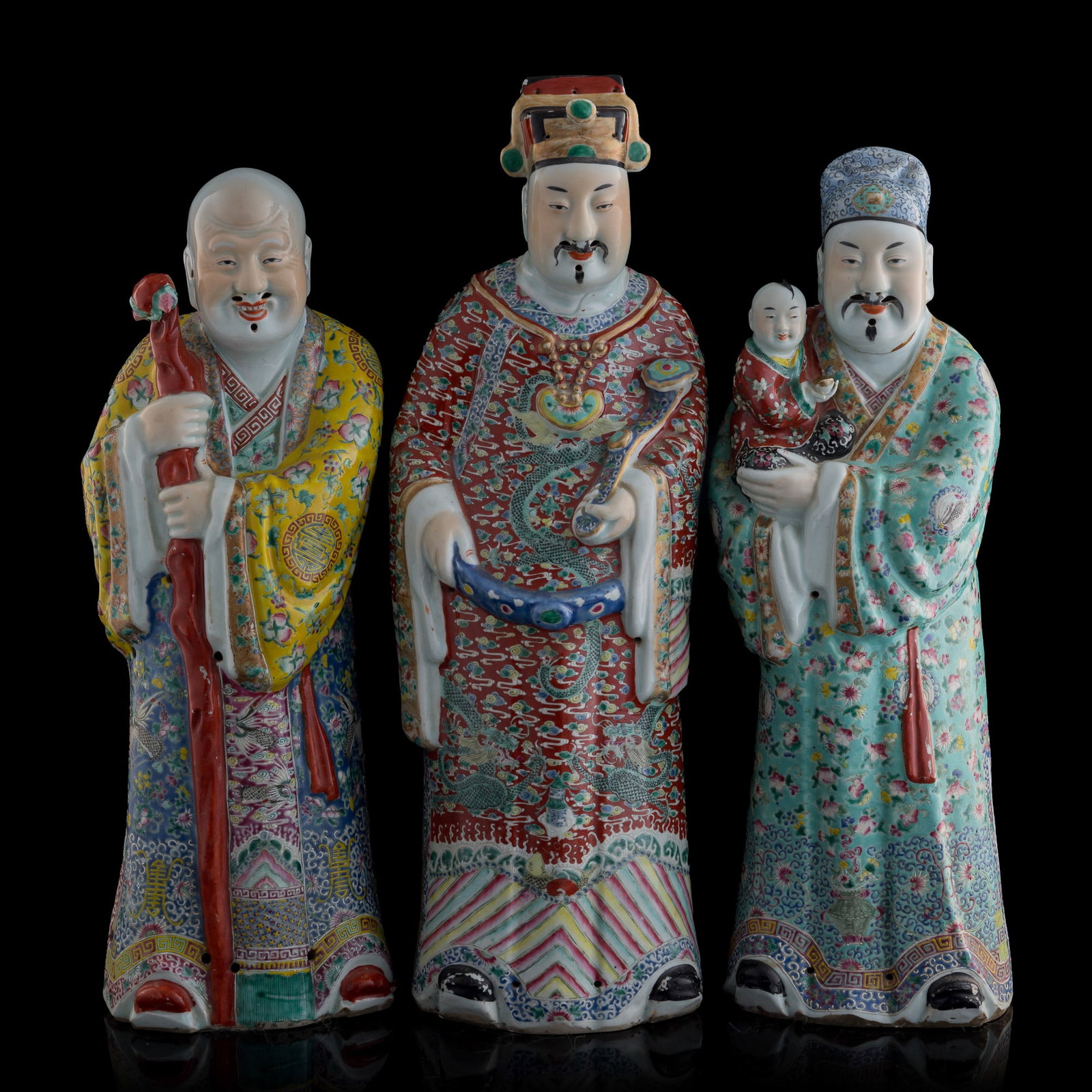 Three Chinese famille rose figures of Fu, Lu, and Shou, late 19th century: Three Chinese famille rose figures of Fu, Lu, and Shou late 19th century H: 26 3/4, W: 9 3/4, D: 7 1/4 in. (H: 67.9, W: 24.8, D: 18.4 cm. (tallest)) From Mrs. Voigt in Silver Spring, Maryland, inherit