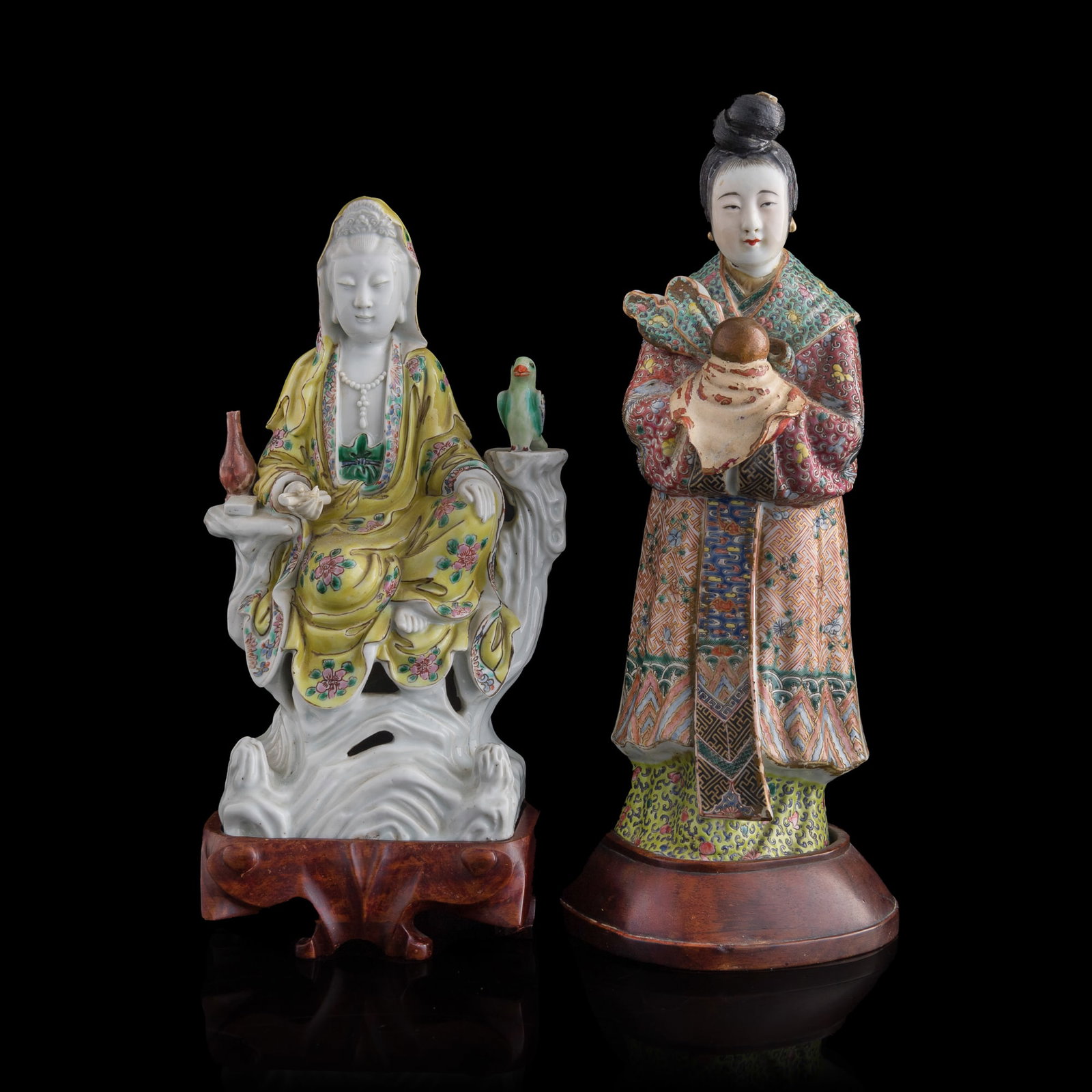A Chinese famille rose Guanyin and a Magu, Republic period: A Chinese famille rose Guanyin and a Magu Republic period Sold with two associated wooden stand. (2). H: 12 1/2, W: 5, D: 4 3/4 in. (H: 31.8, W: 12.7, D: 12.1 cm. (Magu, overall)) Private collection, 