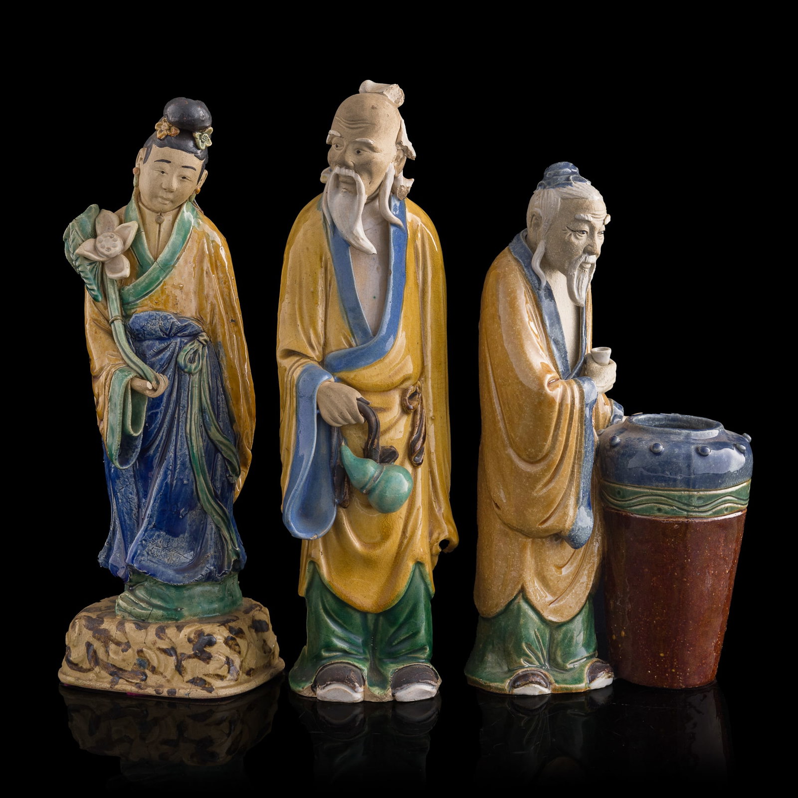Three Chinese Shiwan ware figures, Republic period: Three Chinese Shiwan ware figures Republic period H: 14 1/8, W: 4 1/4, D: 4 in. (H: 35.9, W: 10.8, D: 10.2 cm. (largest)) Private collection, Flushing, New York.