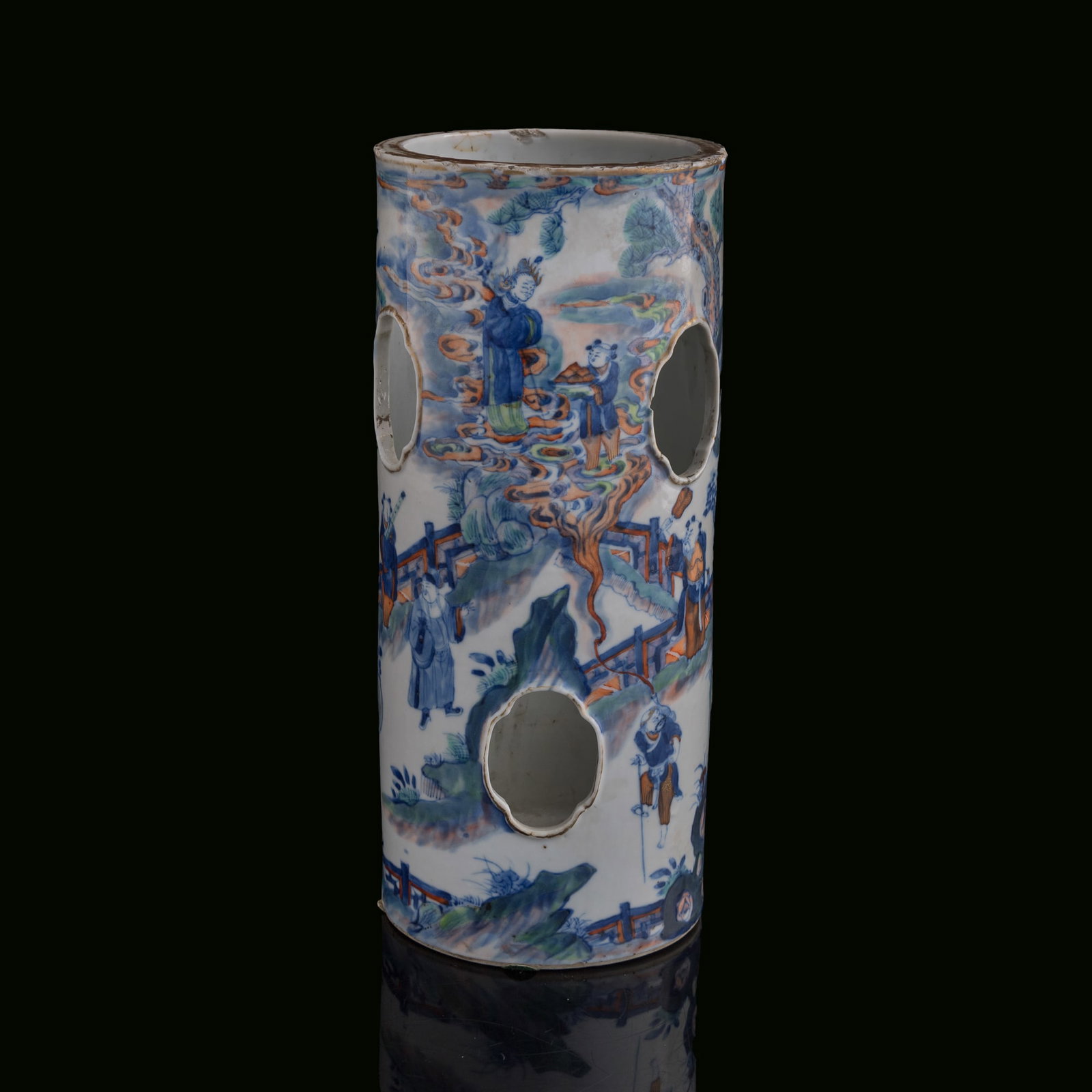A Chinese blue and enamel 'landscape' and 'figural' hat stand, 19th century: A Chinese blue and enamel 'landscape' and 'figural' hat stand 19th century With four-character mark to underside. H: 11 1/2, Dia: 5 in. (H: 29.2, Dia: 12.7 cm.) Private collection, Pennsylvania.