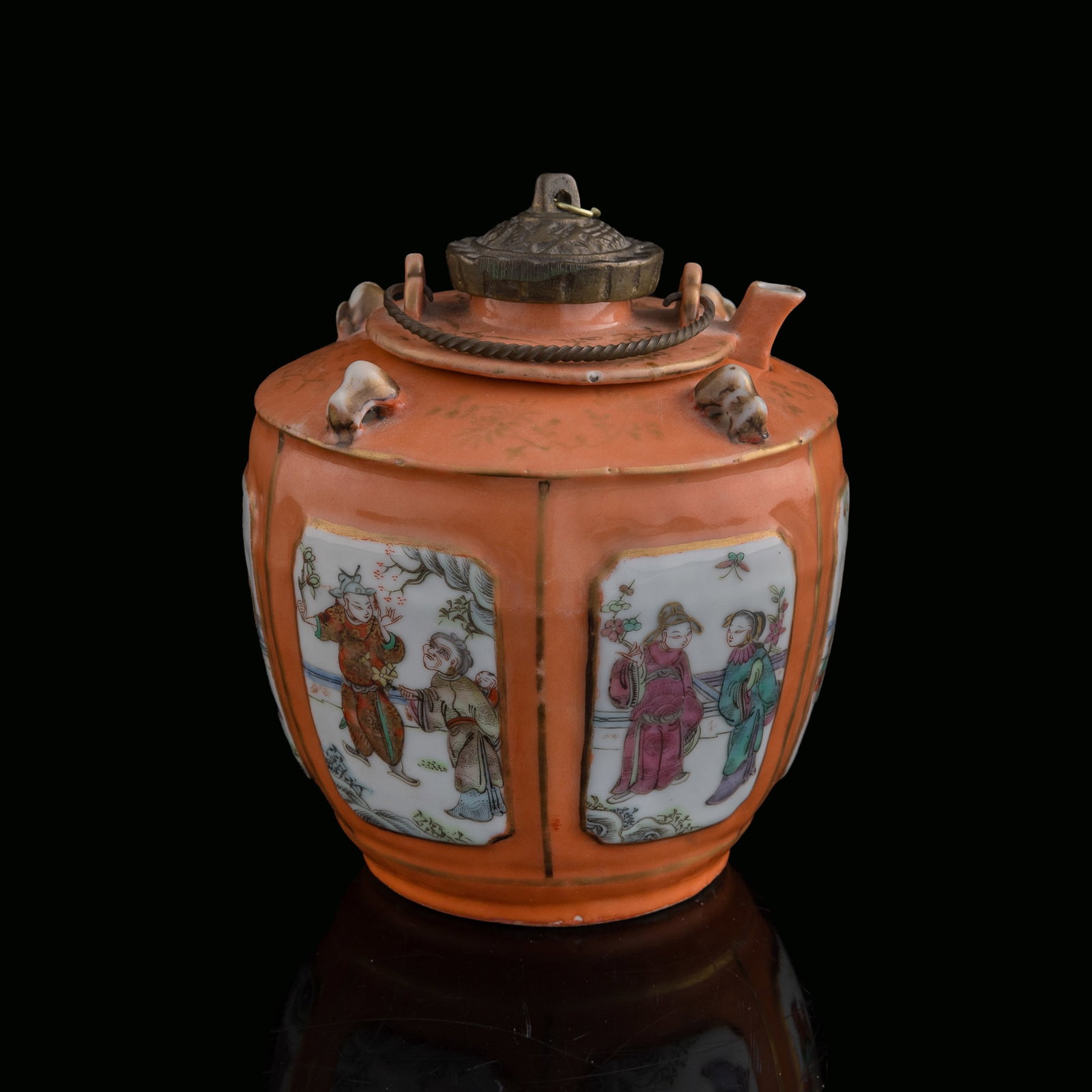 A Chinese famille rose 'figural' wine-warming ewer, late 19th century: A Chinese famille rose 'figural' wine-warming ewer late 19th century H: 6, Dia: 4 3/4 in. (H: 15.2, Dia: 12.1 cm.) Private collection, Pennsylvania. Cl