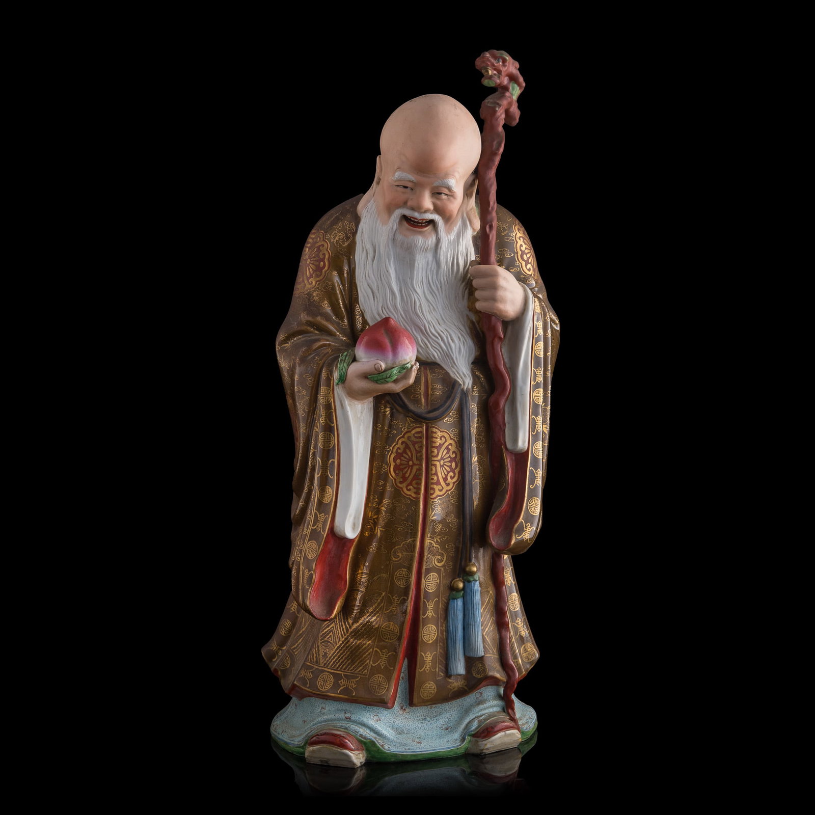 A Chinese famille rose figure of Shouxing, 1950s-1960s: A Chinese famille rose figure of Shouxing 1950s-1960s H: 23 3/4, W: 10 1/4, D: 8 1/4 in. (H: 60.3, W: 26, D: 21 cm.) Private collection, New York City, New York.