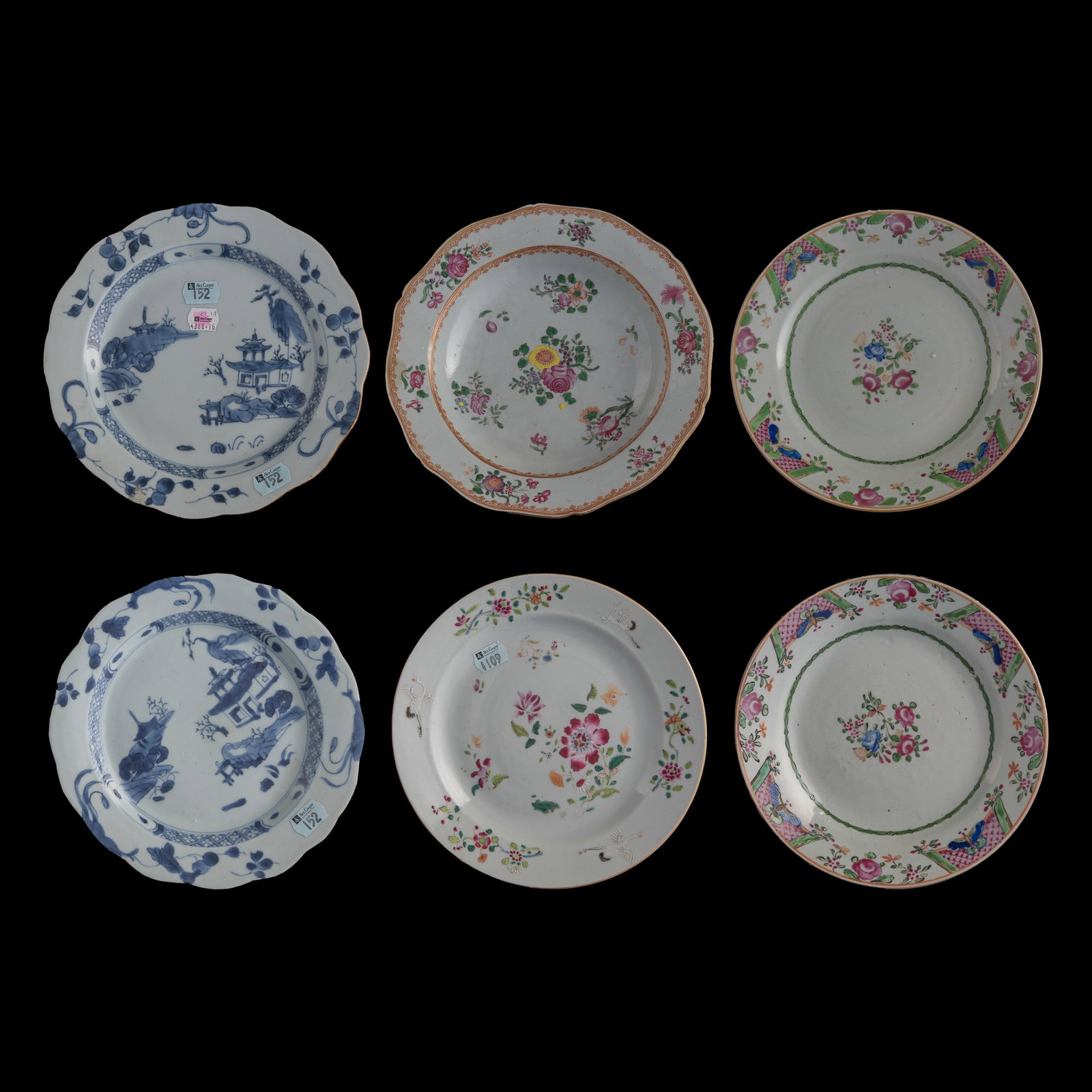 Two Chinese export blue and white plates and four famille rose plates, 18th century: Two Chinese export blue and white plates and four famille rose plates 18th century H: 1 1/2, Dia: 9 in. (H: 3.8, Dia: 22.9 cm. (largest)) Private collection, Flushing, New York.