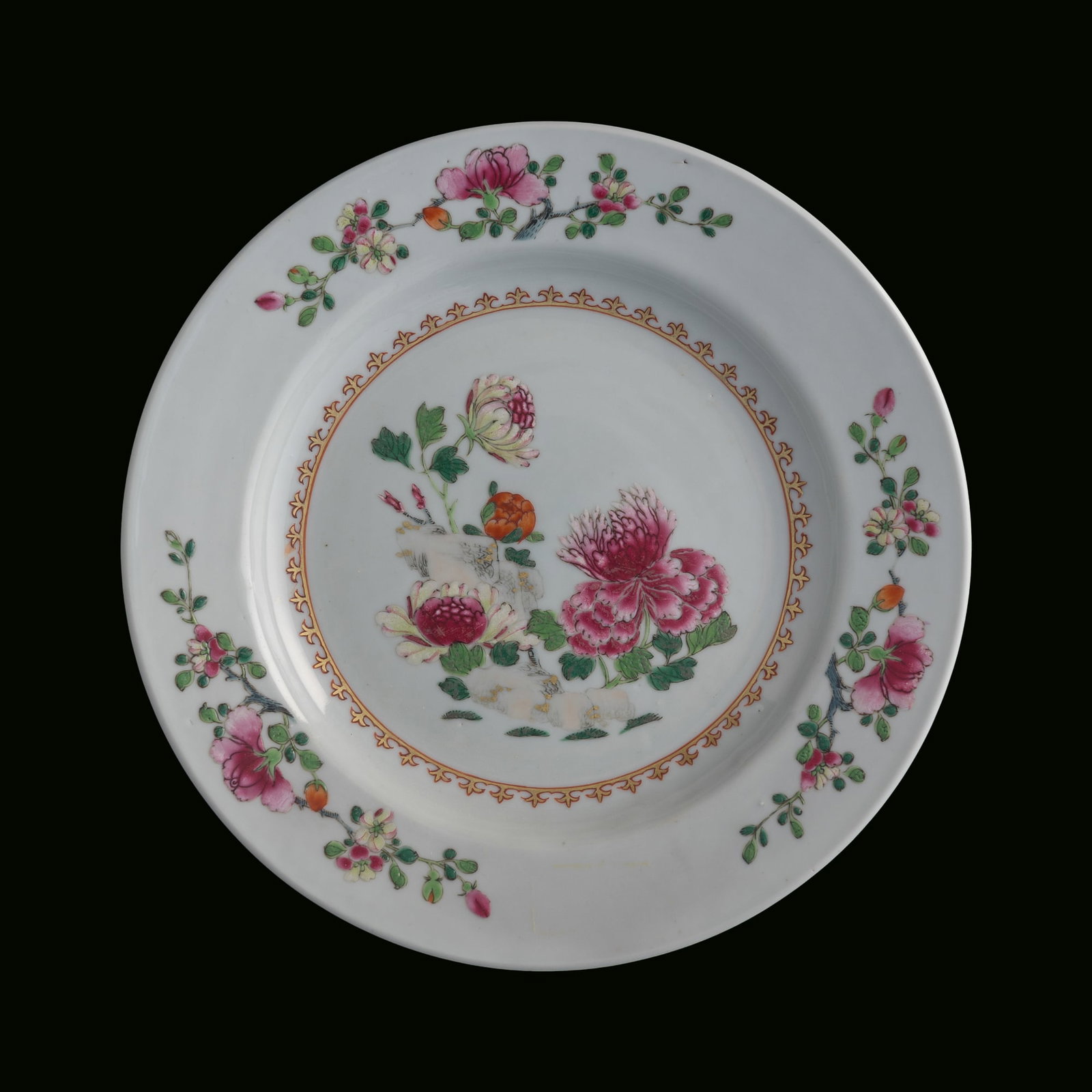 A Chinese export famille rose 'floral' plate, 18th century: A Chinese export famille rose 'floral' plate 18th century H: 1 1/4, Dia: 9 1/8 in. (H: 3.2, Dia: 23.2 cm.) Private collection, Edison, New Jersey. Clic