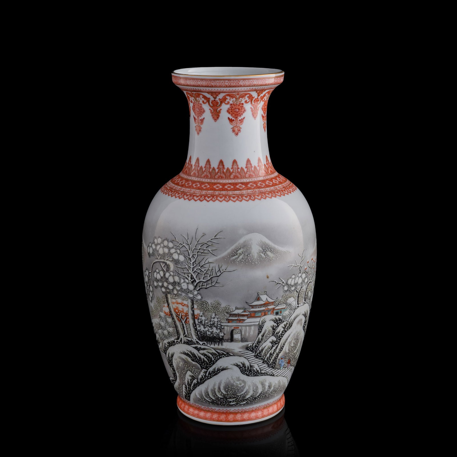A Chinese famille rose 'snow scene' vase, 1950s-1970s: A Chinese famille rose 'snow scene' vase 1950s-1970s With four-character mark to underside. H: 14 3/8, Dia: 7 1/4 in. (H: 36.5, Dia: 18.4 cm.) Private collection, Malvern, Pennsylvania.