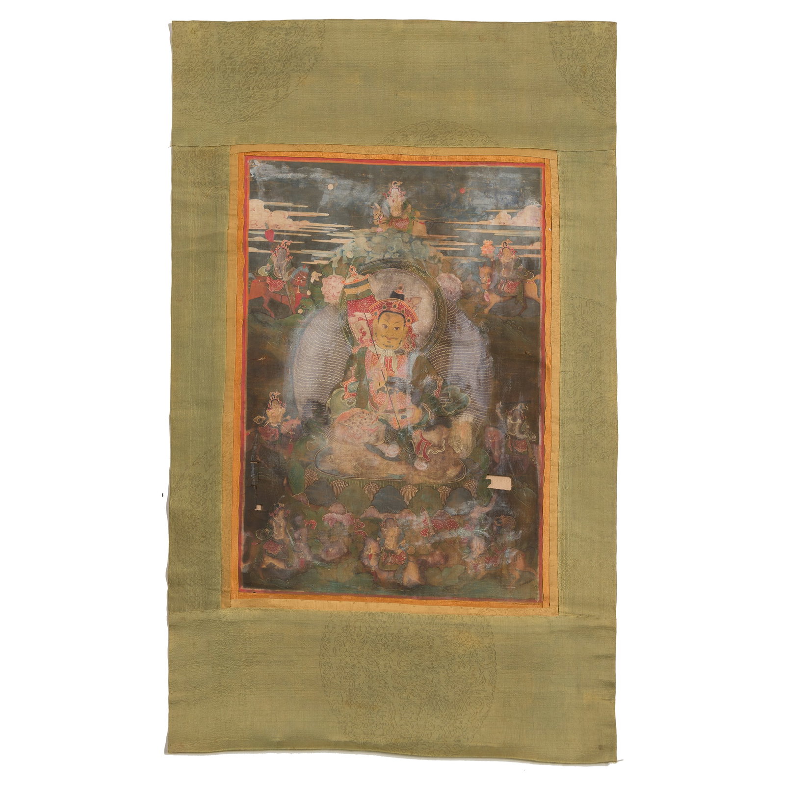 A thangka of Vaishravana (God of Wealth), Qing dynasty: A thangka of Vaishravana (God of Wealth) Qing dynasty Sight dimensions: H: 18 3/4, W: 13 1/4 in. (H: 47.6, W: 33.7 cm.) From Mrs. Curren in Ventura, California, acquired by her grandmother.