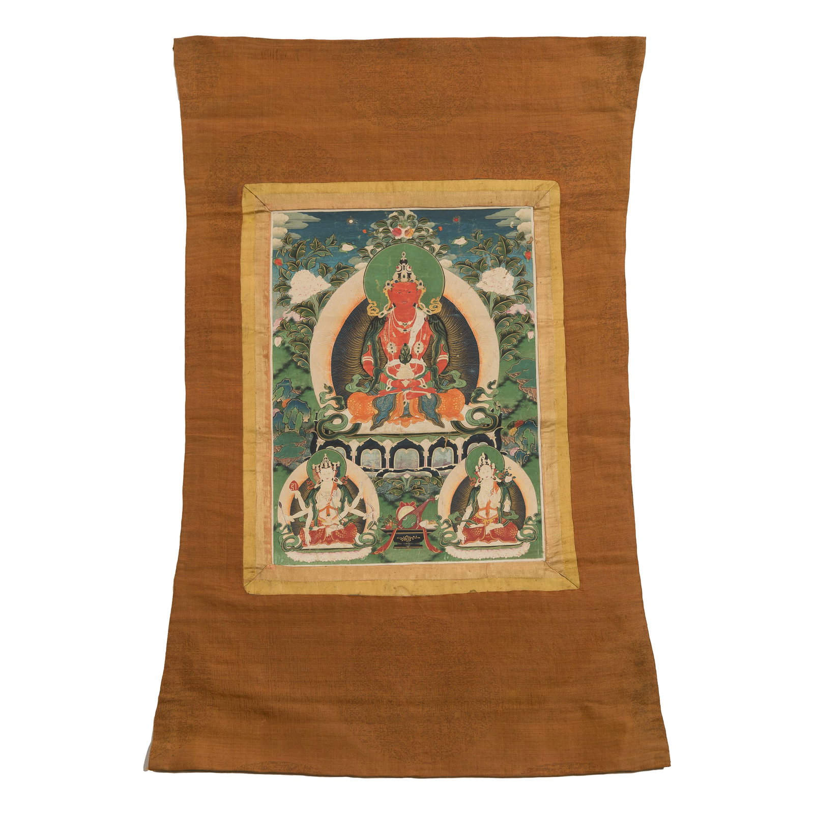 A thangka of Amitayus Buddha, Qing dynasty: A thangka of Amitayus Buddha Qing dynasty Sight dimensions: H: 18 1/2, W: 13 3/4 in. (H: 47, W: 34.9 cm.) From Mrs. Curren in Ventura, California, acquired by her grandmother.