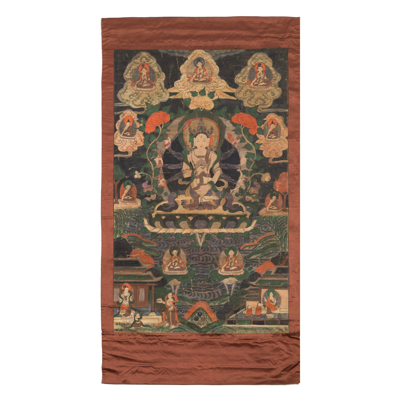 A thangka of Vajrasattva, Qing dynasty: A thangka of Vajrasattva Qing dynasty Sight dimensions: H: 34 1/4, W: 22 in. (H: 87, W: 55.9 cm.) From Mrs. Curren in Ventura, California, acquired by her grandmother.