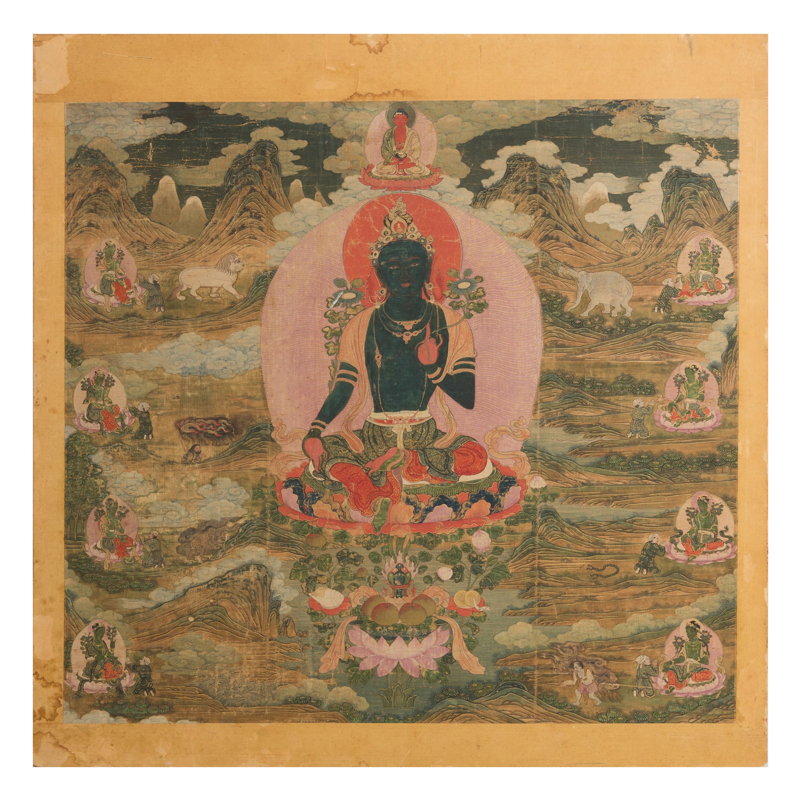 A thangka depicting Green Tara, 18th century: A thangka depicting Green Tara 18th century Mounted on particle board backing. Sight dimensions: H: 37 1/2, W: 39 1/2 in. (H: 95.3, W: 100.3 cm.) Overall dimensions: H: 44 1/2, W: 43 1/2 in. (H: 113, 
