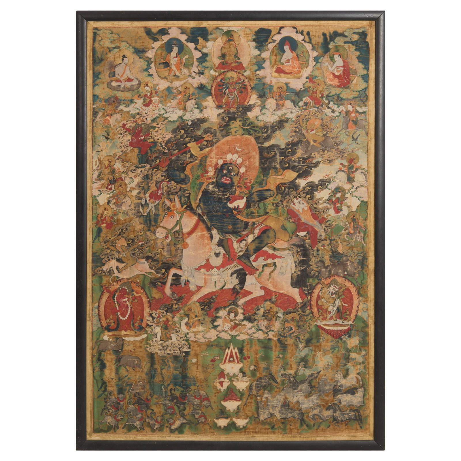A thangka depicting Palden Lhamo, 18th century: A thangka depicting Palden Lhamo 18th century framed. Overall dimensions: H: 41 1/4, W: 28 1/8 in. (H: 104.8, W: 71.4 cm.) Private collection, Las Vegas, Nevada.
