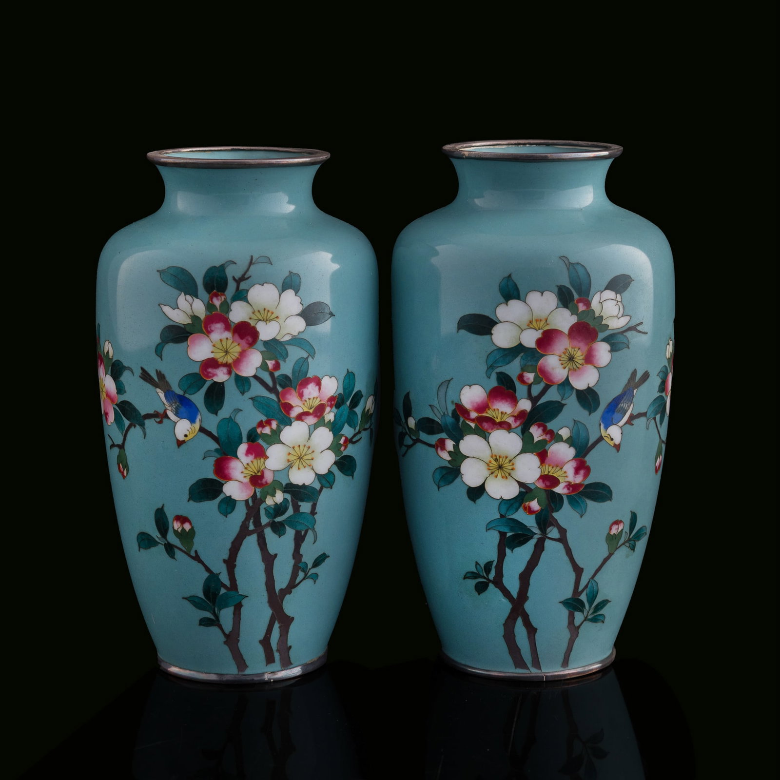 A pair of Japanese silver-bodied cloisonne 'floral' vases, Meiji period (1 of 9)
