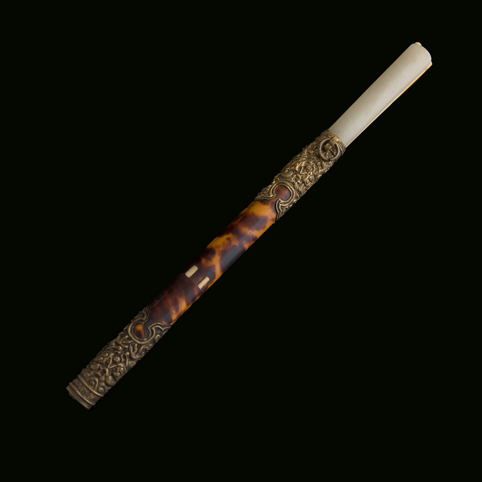 A Chinese knife with chased copper-gilt sheath and jade-inlaid handle, 19th century: A Chinese knife with chased copper-gilt sheath and jade-inlaid handle 19th century H: 11 3/8, W: 3/4, D: 3/4 in. (H: 28.9, W: 1.9, D: 1.9 cm.) From Mr. Kaufman in Arlington, Virginia; a family heirloo