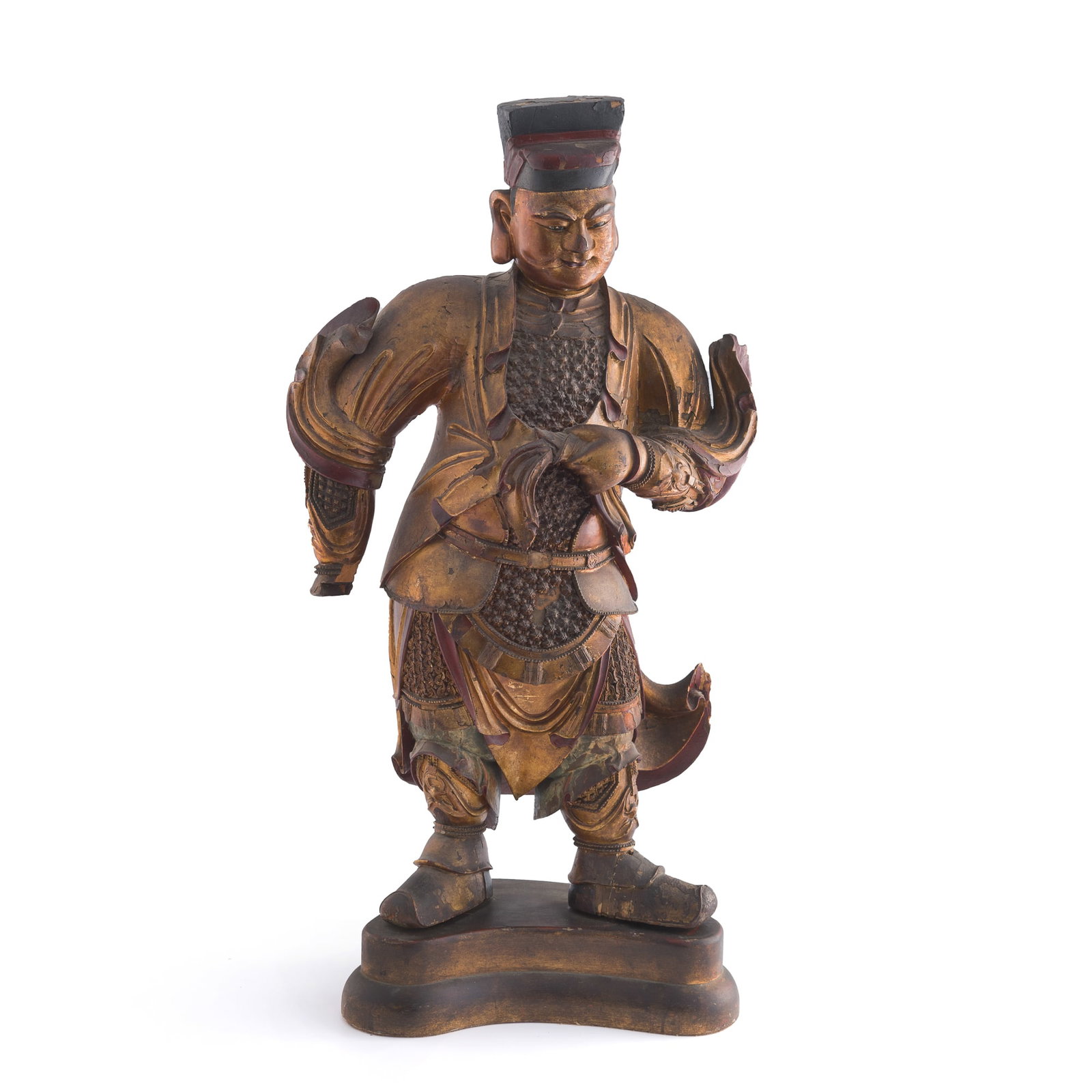 A Chinese gilt-lacquered wood standing figure of a military guardian, 18th century: A Chinese gilt-lacquered wood standing figure of a military guardian 18th century H: 32, W: 17, D: 9 5/8 in. (H: 81.3, W: 43.2, D: 24.4 cm. (approximately)) Private collection, San Diego, California.