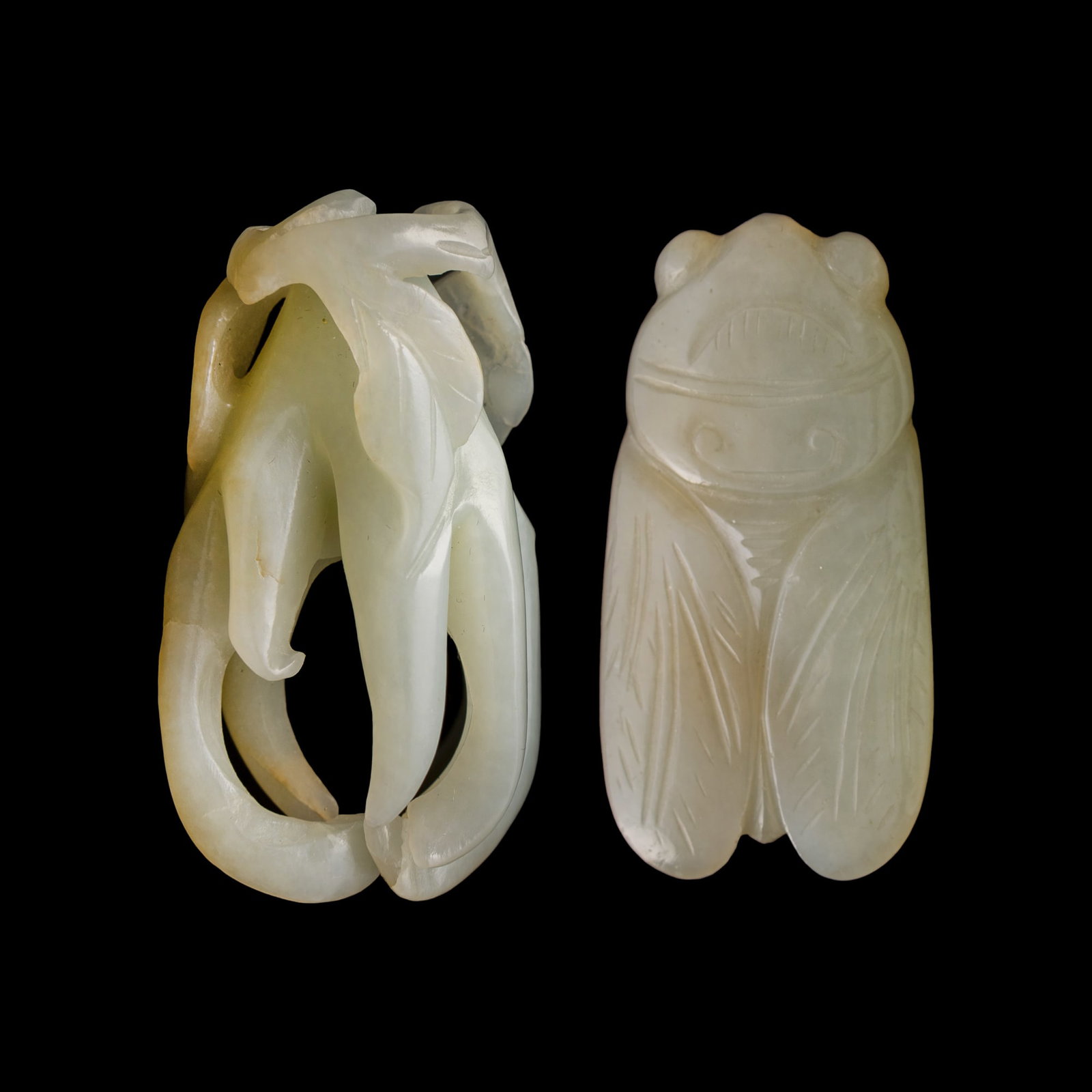 A Chinese white jade Buddha's hand citron and a jade cicada, Qing dynasty: A Chinese white jade Buddha's hand citron and a jade cicada Qing dynasty H: 2 1/8, W: 1 1/8, D: 3/4 in. (H: 5.4, W: 2.9, D: 1.9 cm. (largest)) Private collection, Arlington, Virginia.