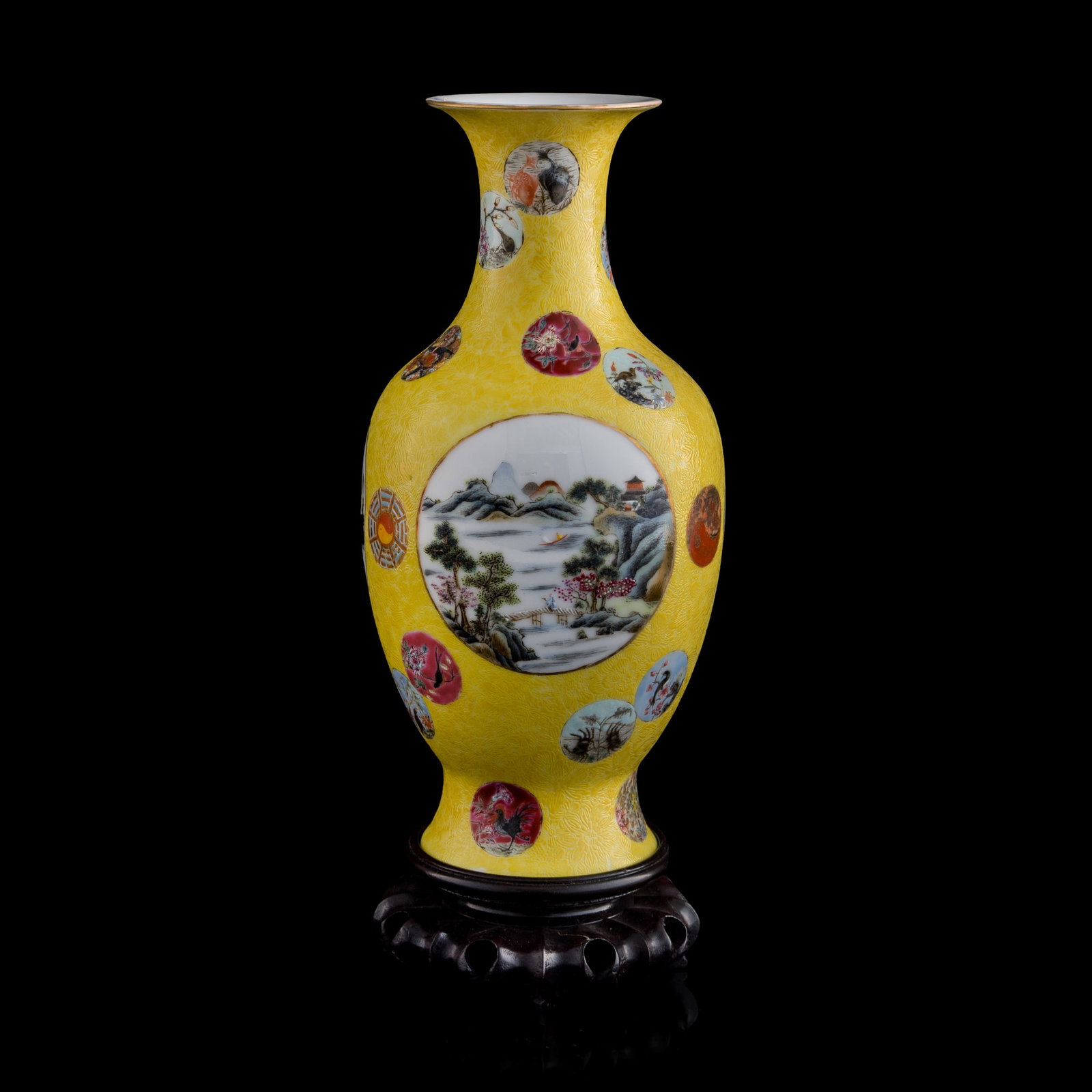 A Chinese yellow-ground famille rose sgraffito Guanyin vase, Republic period: A Chinese yellow-ground famille rose sgraffito Guanyin vase Republic period With six-character mark to underside. Sold with old wooden box lined in brocade, and a hardwood stand. H: 9 5/8, Dia: 4 1/2 