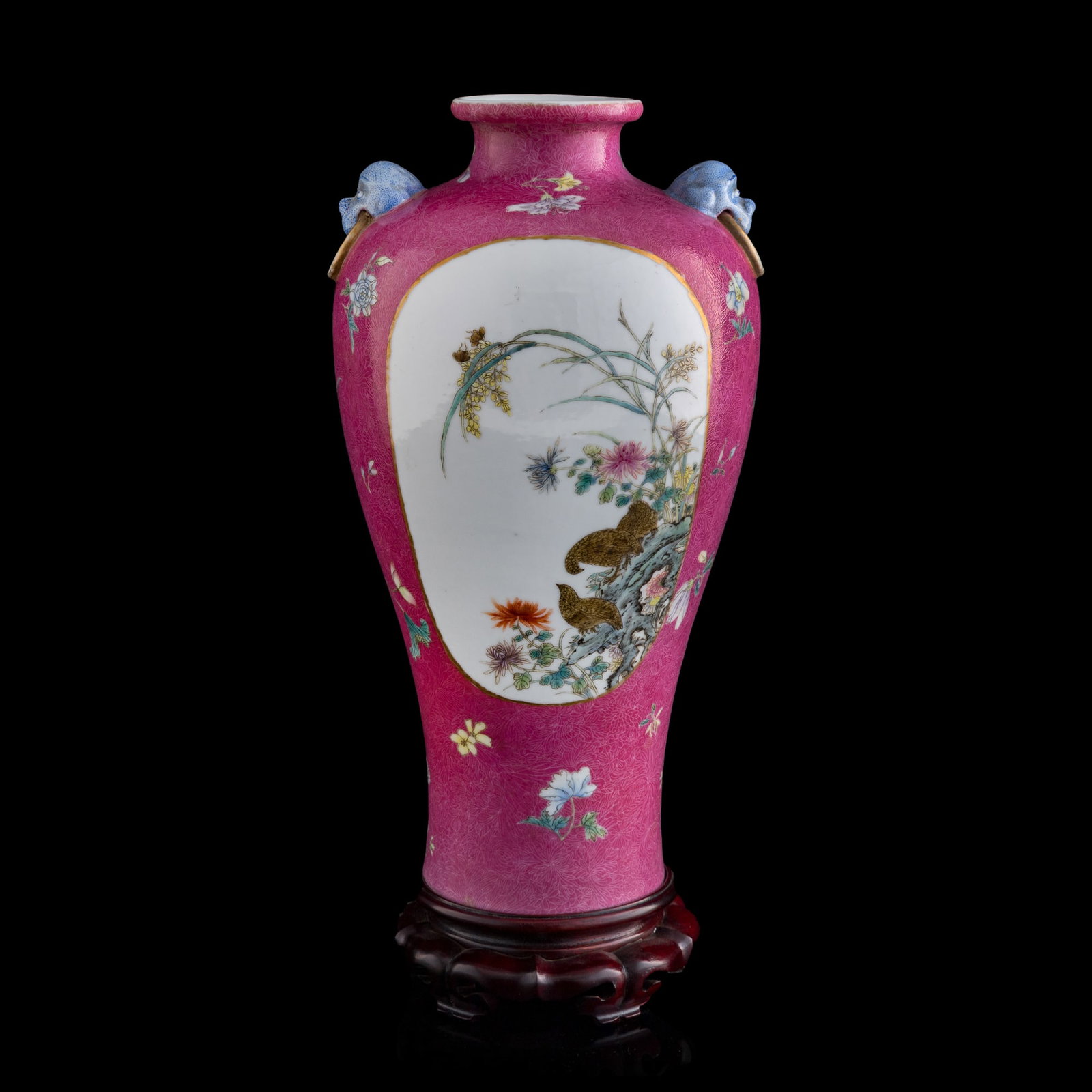 A Chinese ruby-red-ground famille rose sgraffito zun vase, Republic period: A Chinese ruby-red-ground famille rose sgraffito zun vase Republic period With six-character mark to underside. Sold with an old brocade box and hardwood stand. H: 12 1/2, Dia: 6 in. (H: 31.8, Dia: 15