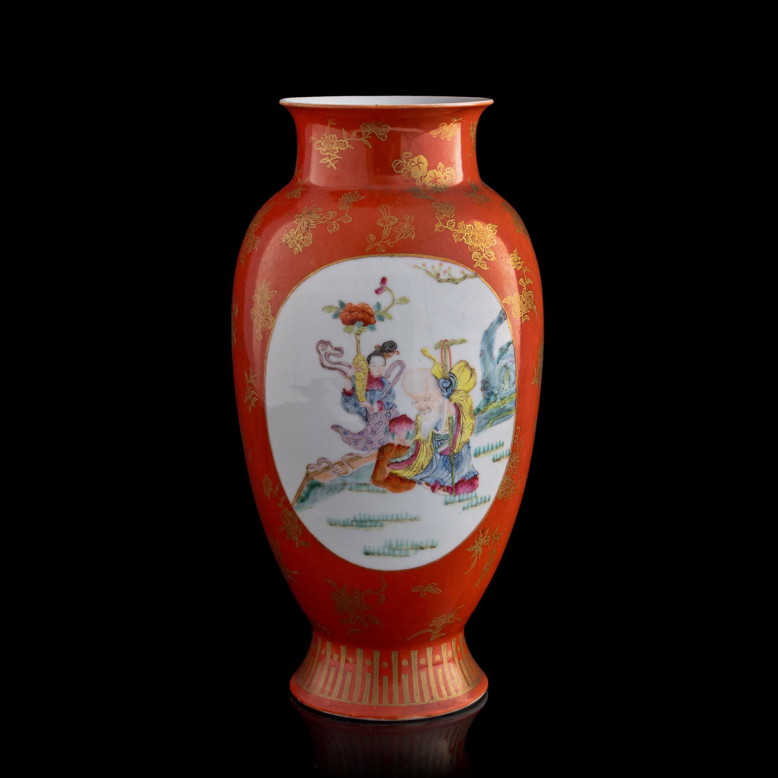 A Chinese coral-red-ground gilt-decorated famille rose vase, Republic period: A Chinese coral-red-ground gilt-decorated famille rose vase Republic period With six-character mark and a "CHINA" mark to underside. H: 12 1/4, Dia: 6 1/4 in. (H: 31.1, Dia: 15.9 cm.) Private collecti