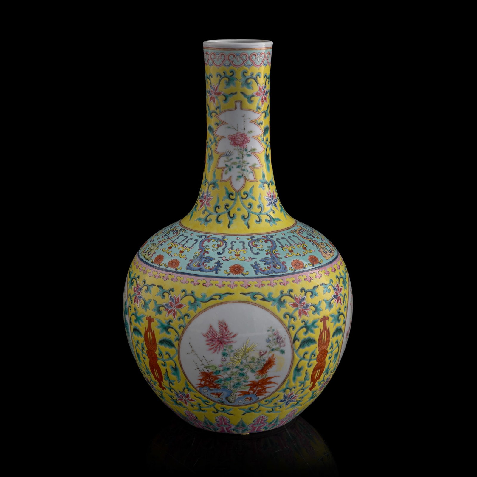 A Chinese yellow-ground famille rose 'flower' tianqiu vase, Republic period (1 of 10)