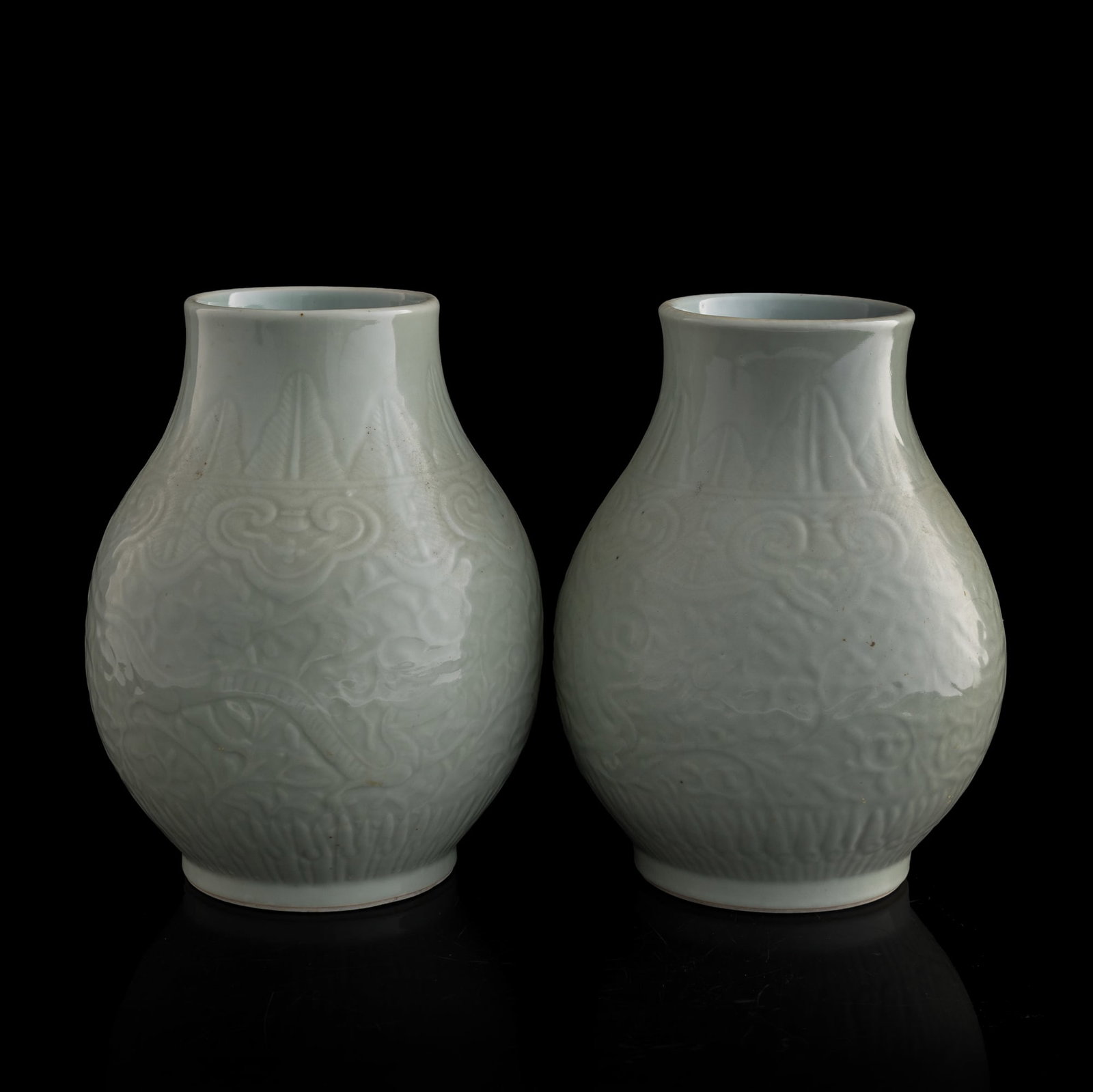 A pair of Chinese celadon molded zun vases, late 19th century (1 of 9)
